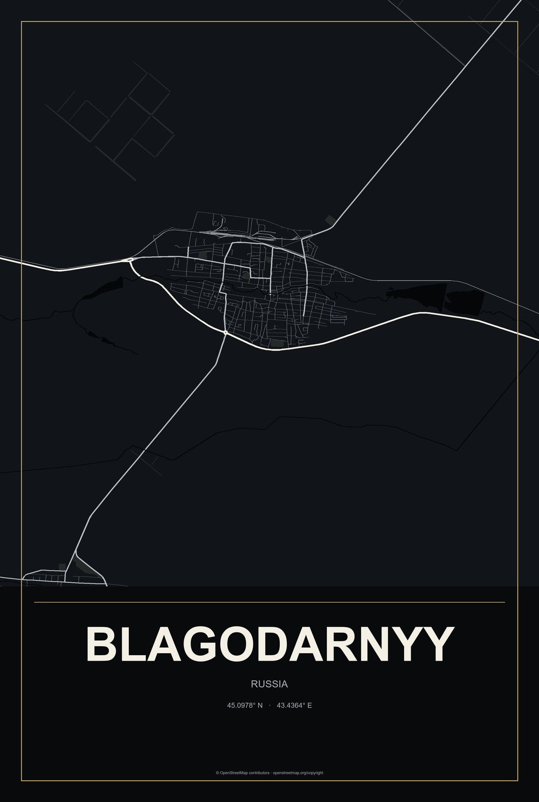Blagodarnyy, Russia City Map Aluminum Sign in Metropolitan Noir style