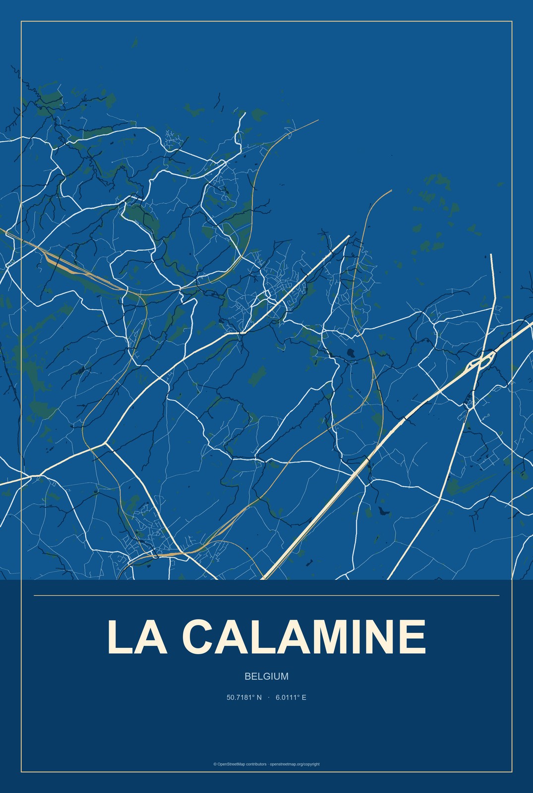 La Calamine, Belgium City Map Aluminum Sign in Harbor Cobalt style