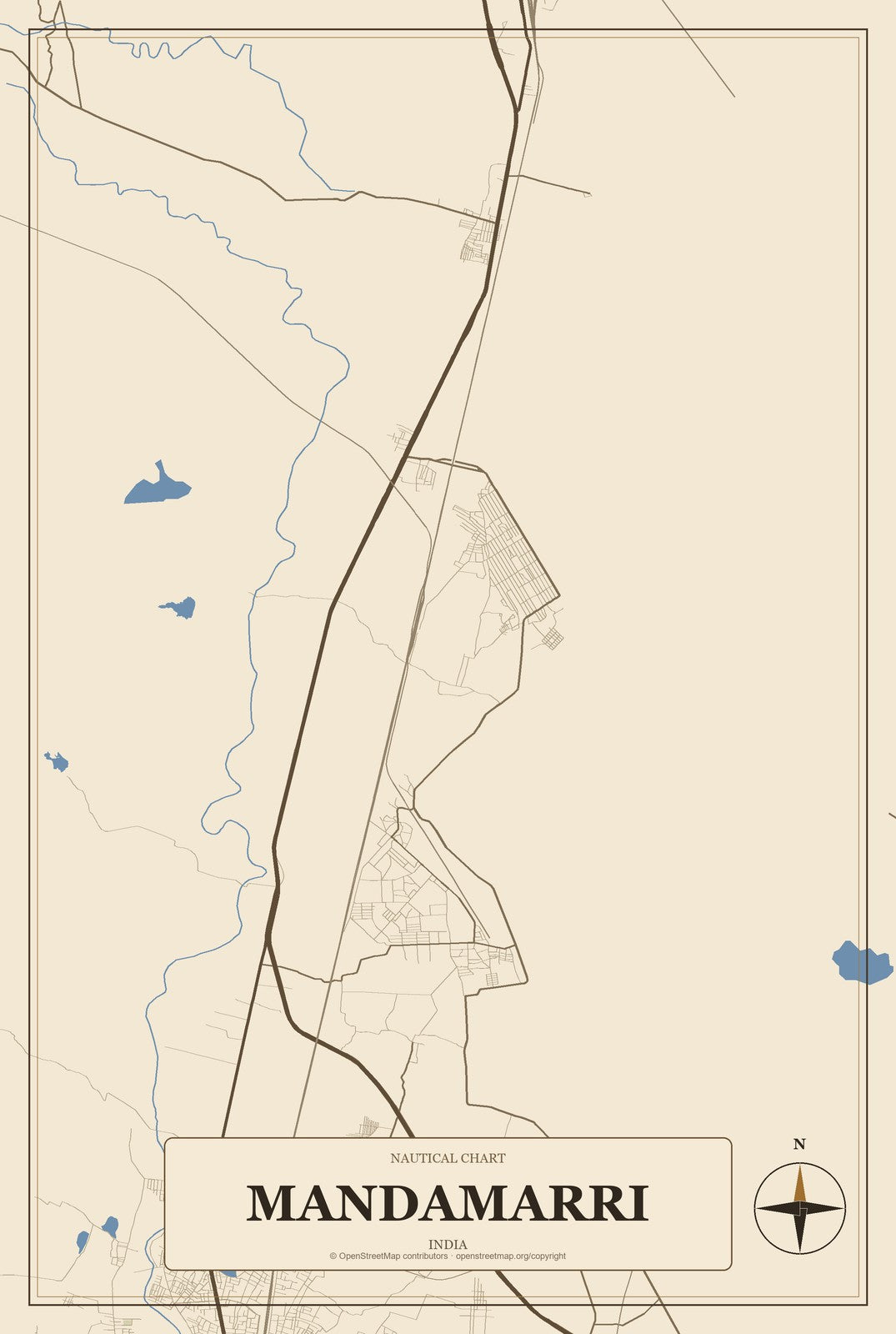Mandamarri, India City Map Aluminum Sign in Heritage Nautical style