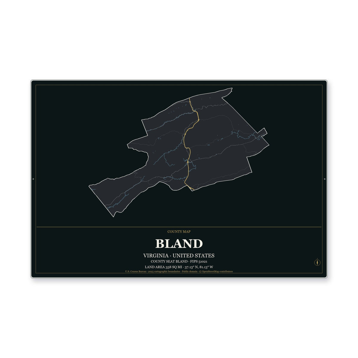 Bland County, Virginia Map Aluminum Sign in Metropolitan Noir style
