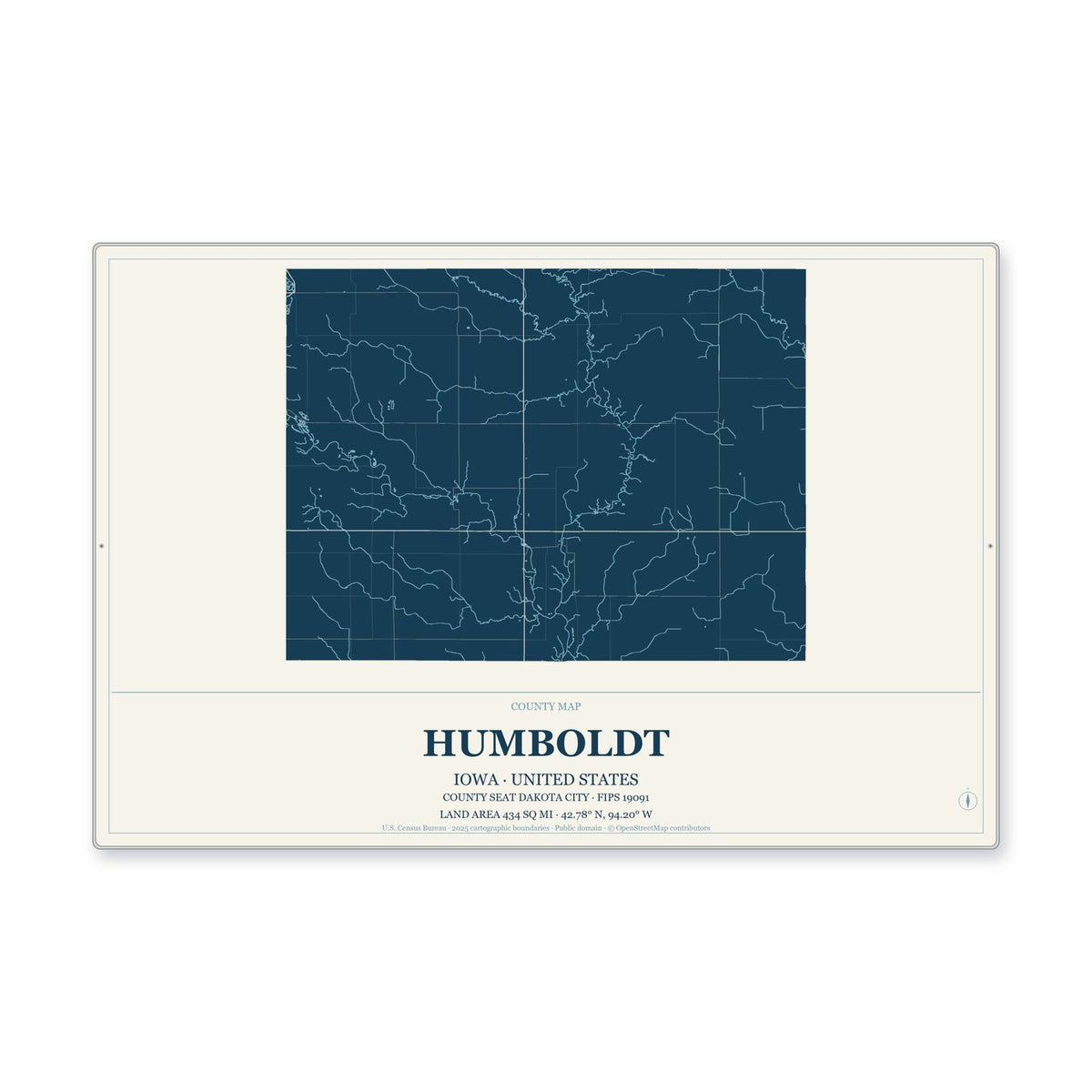 Humboldt County, Iowa Map Aluminum Sign in Coastal Cutout style