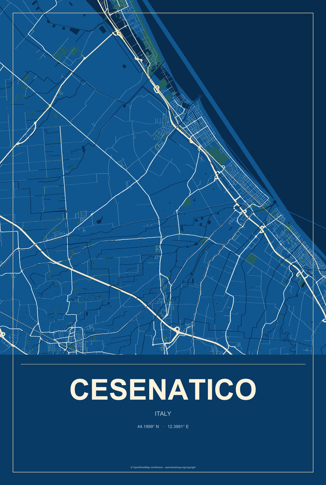 Cesenatico, Italy City Map Aluminum Sign in Harbor Cobalt style