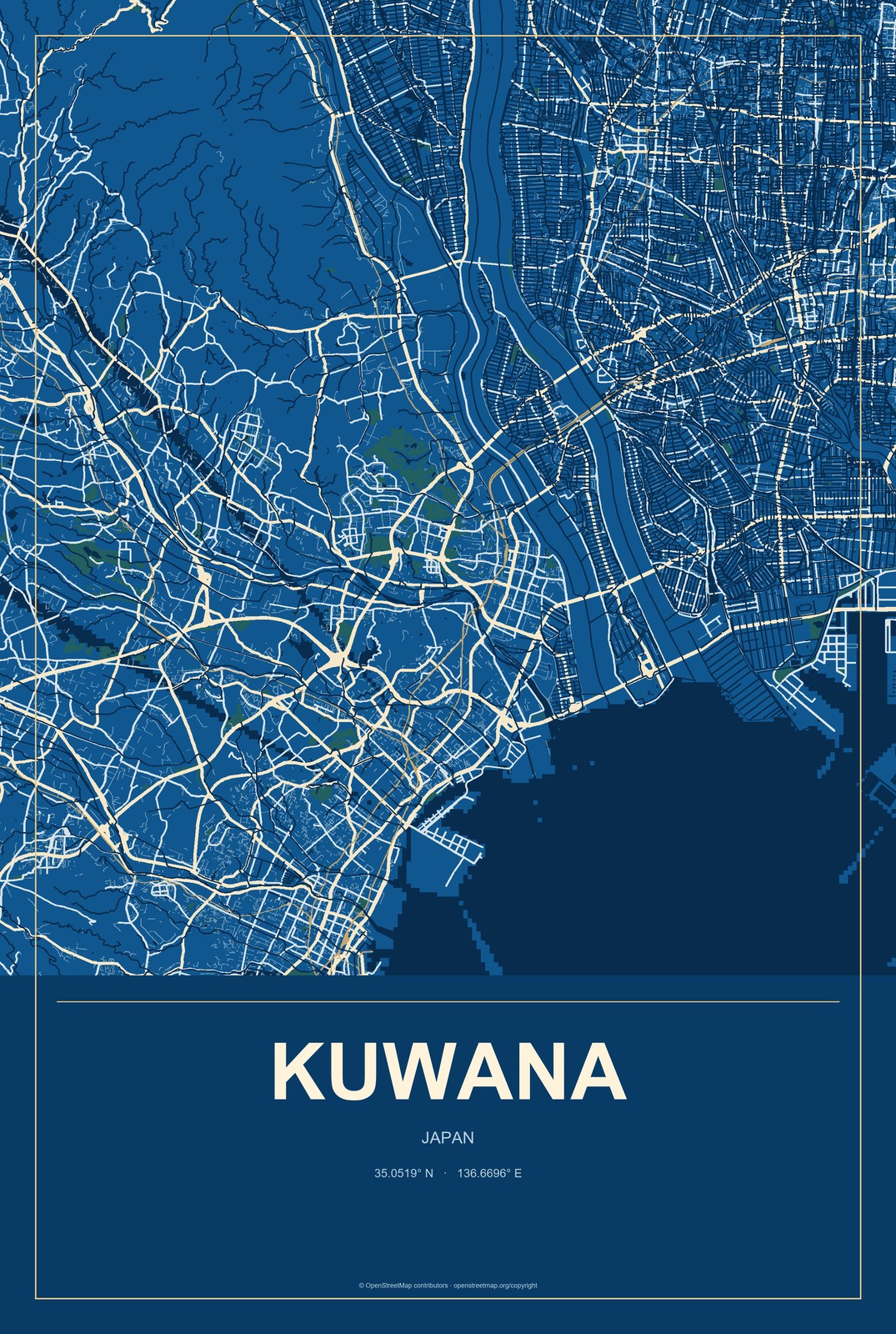 Kuwana, Japan City Map Aluminum Sign in Harbor Cobalt style