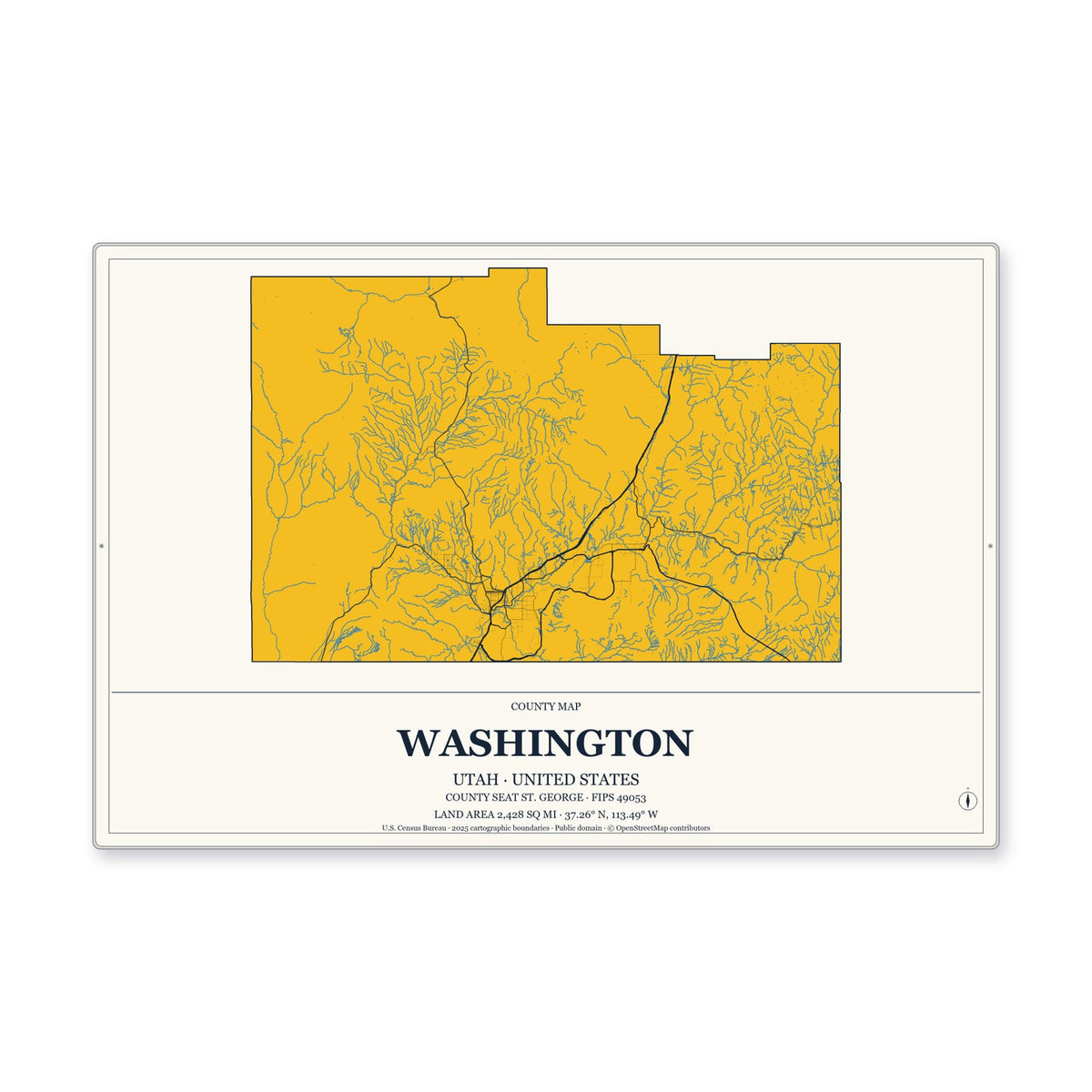 Washington County, Utah Map Aluminum Sign in Citrine Modern style