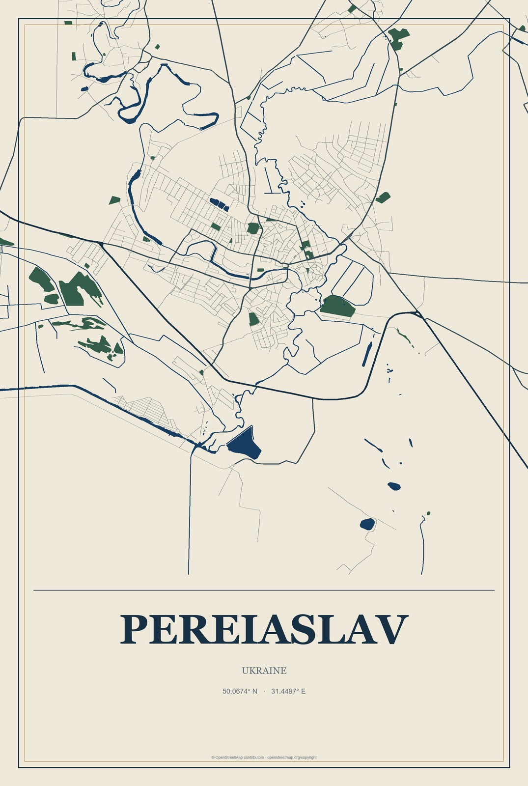 Pereiaslav, Ukraine City Map Aluminum Sign in Coastal Cutout style