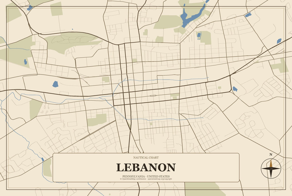 Lebanon, Pennsylvania City Map Aluminum Sign in Heritage Nautical style