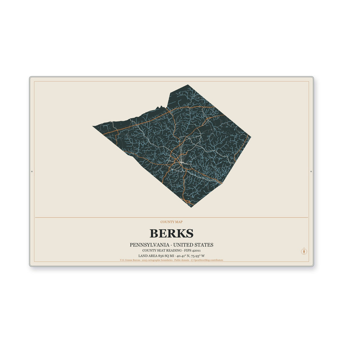 Berks County, Pennsylvania Map Aluminum Sign in Headline Atlas style