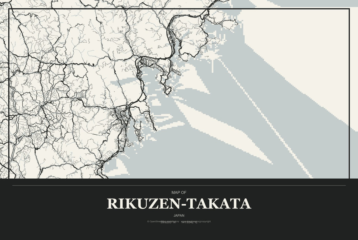 Rikuzen-Takata, Japan City Map Aluminum Sign in Museum Plaque style