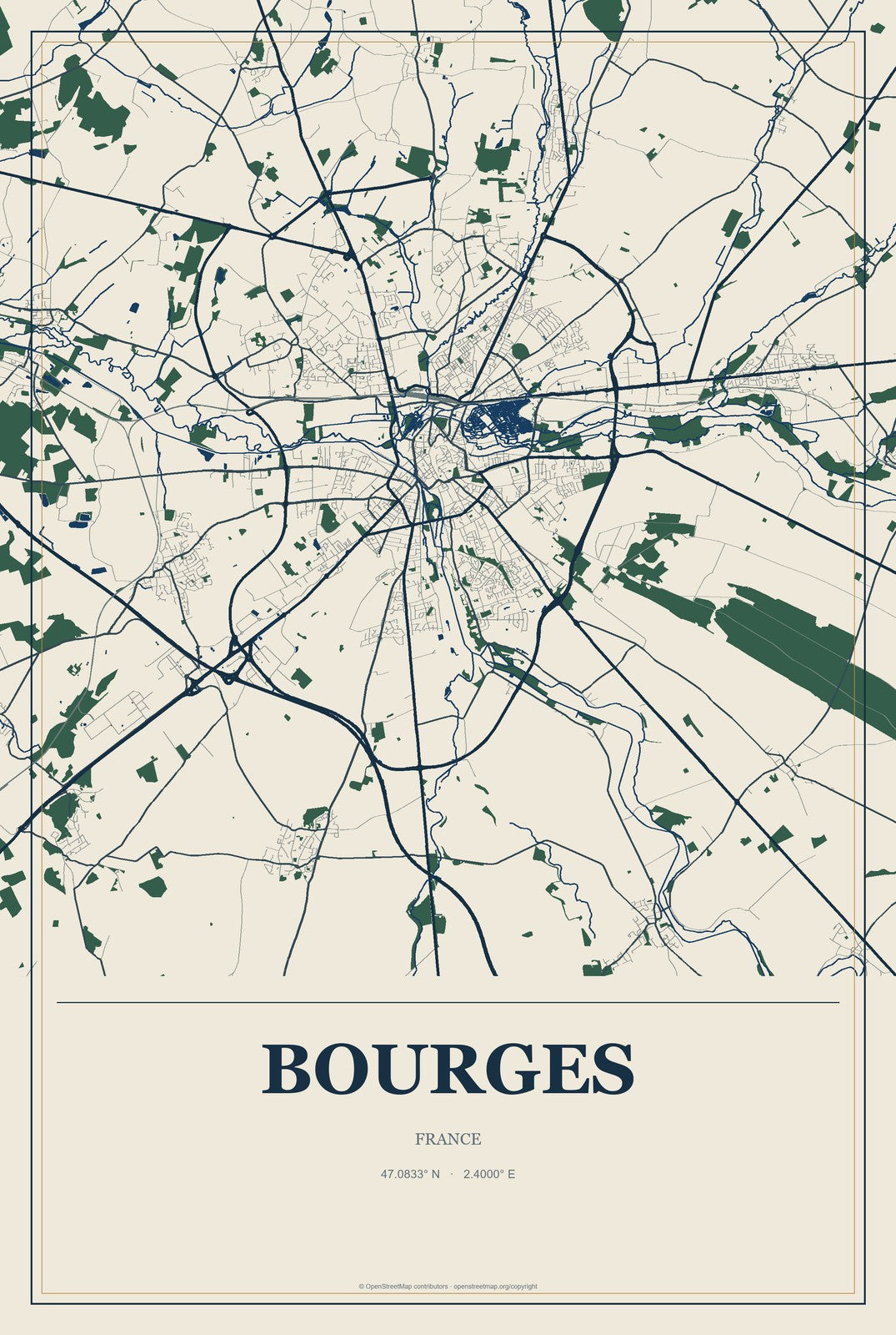 Bourges, France City Map Aluminum Sign in Coastal Cutout style
