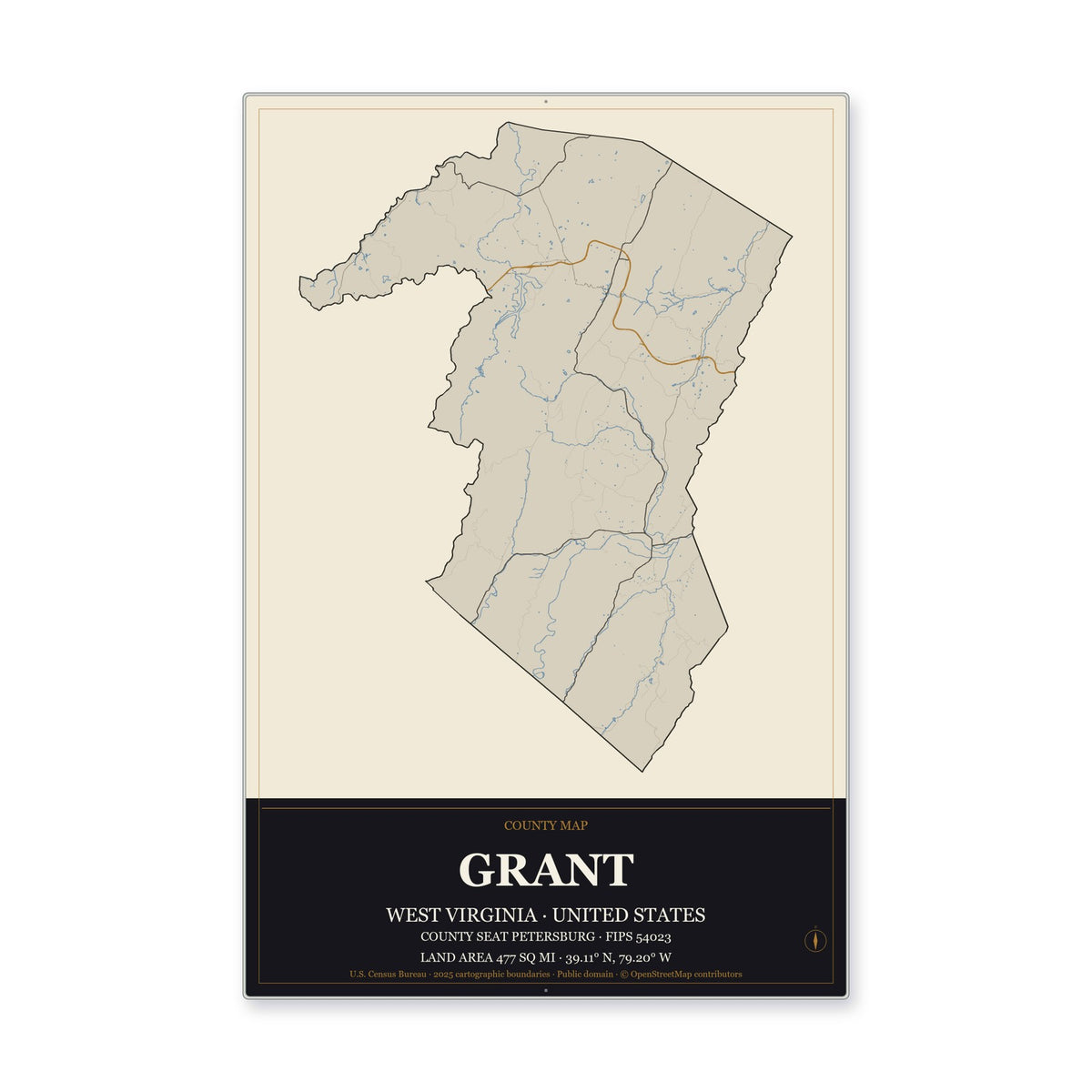Grant County, West Virginia Map Aluminum Sign in Museum Plaque style