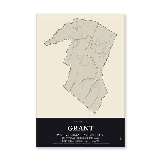 Grant County, West Virginia Map Aluminum Sign in Museum Plaque style