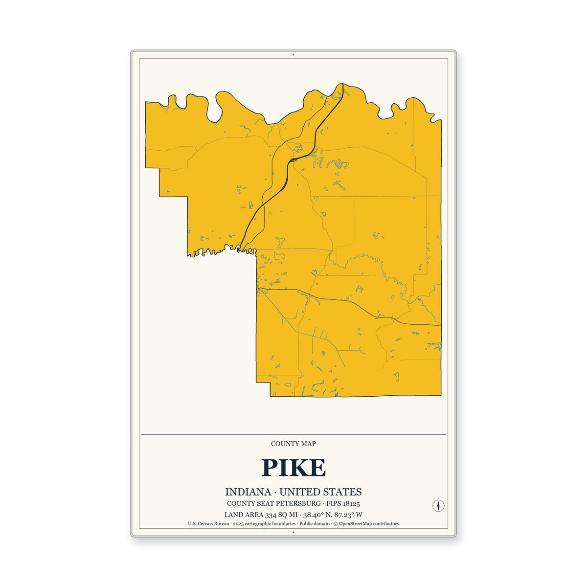 Pike County, Indiana Map Aluminum Sign in Citrine Modern style
