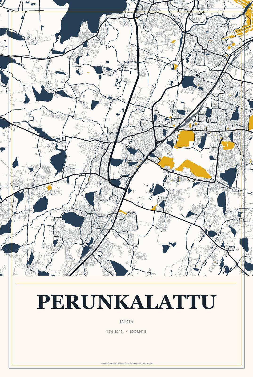 Perunkalattu, India City Map Aluminum Sign in Citrine Modern style
