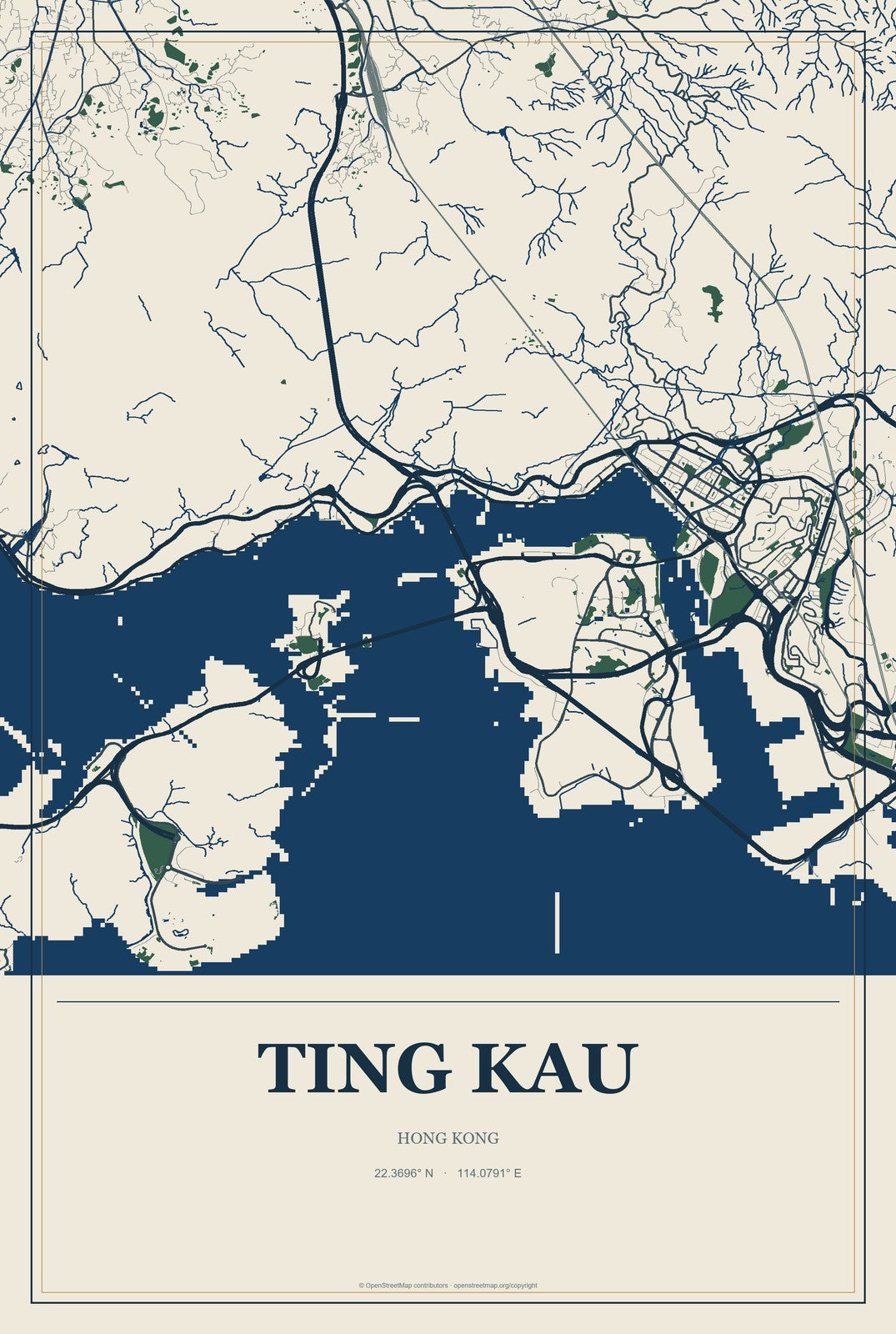 Ting Kau, Hong Kong City Map Aluminum Sign in Coastal Cutout style