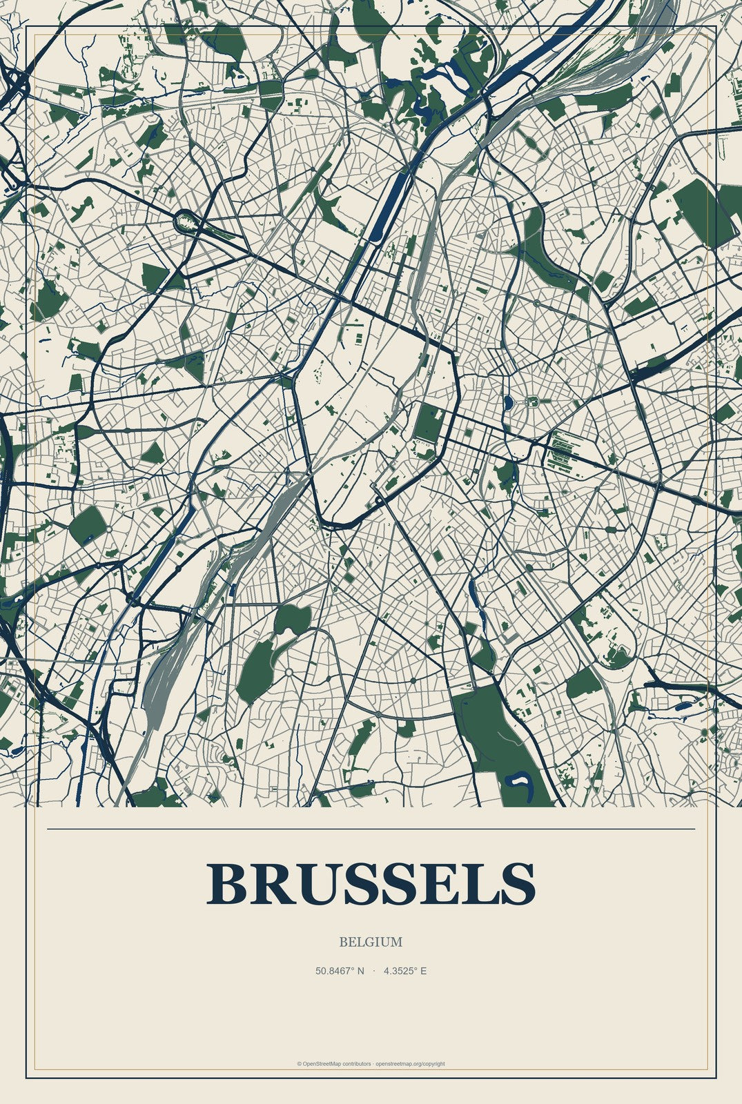 Brussels, Belgium City Map Aluminum Sign in Coastal Cutout style