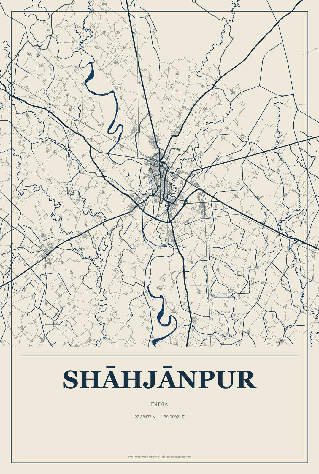 Shāhjānpur, India City Map Aluminum Sign in Coastal Cutout style