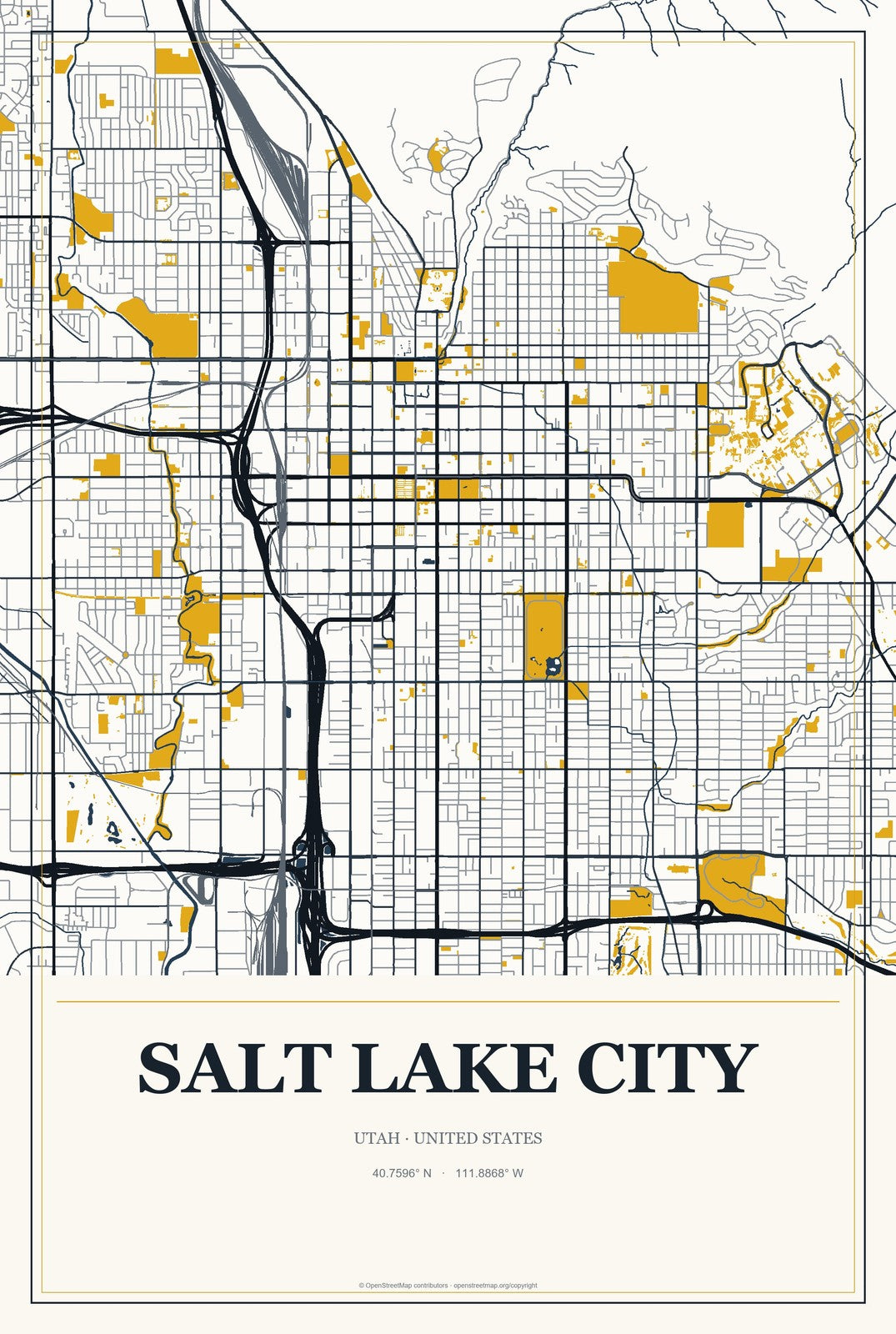 Salt Lake City, Utah City Map Aluminum Sign in Citrine Modern style