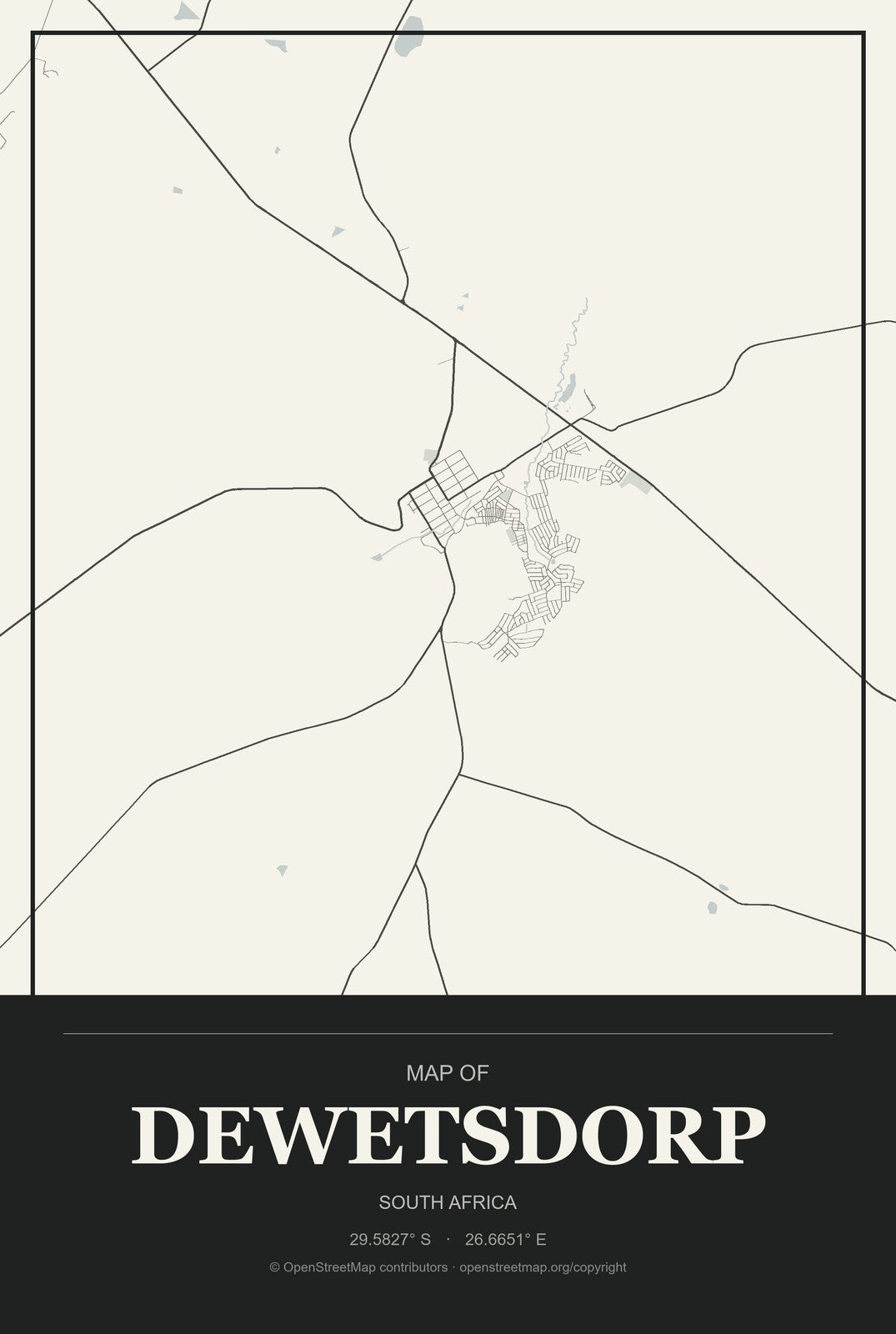 Dewetsdorp, South Africa City Map Aluminum Sign in Museum Plaque style