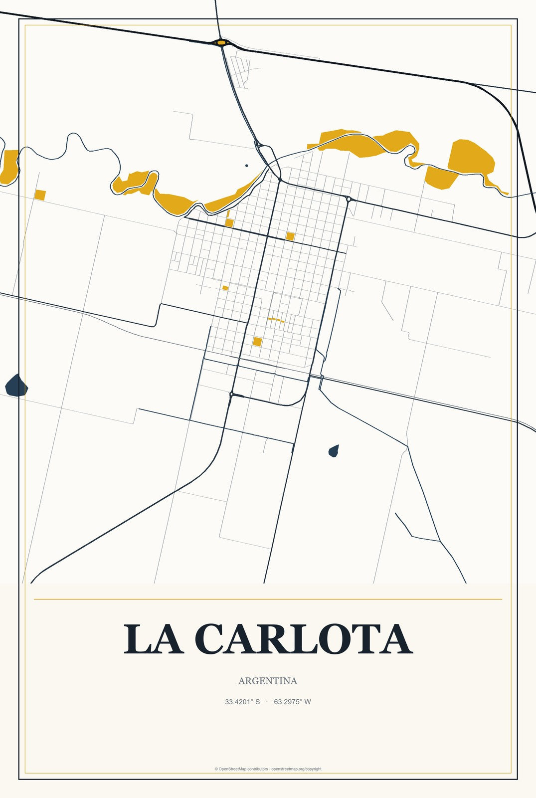 La Carlota, Argentina City Map Aluminum Sign in Citrine Modern style