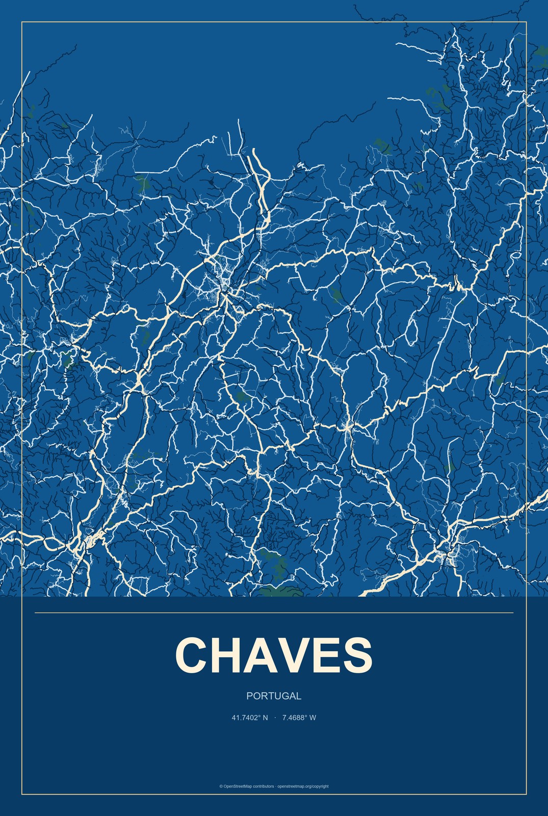 Chaves, Portugal City Map Aluminum Sign in Harbor Cobalt style
