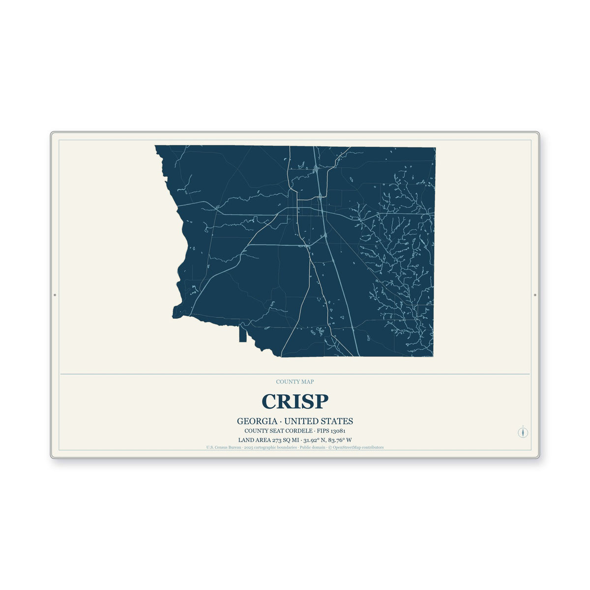 Crisp County, Georgia Map Aluminum Sign in Coastal Cutout style
