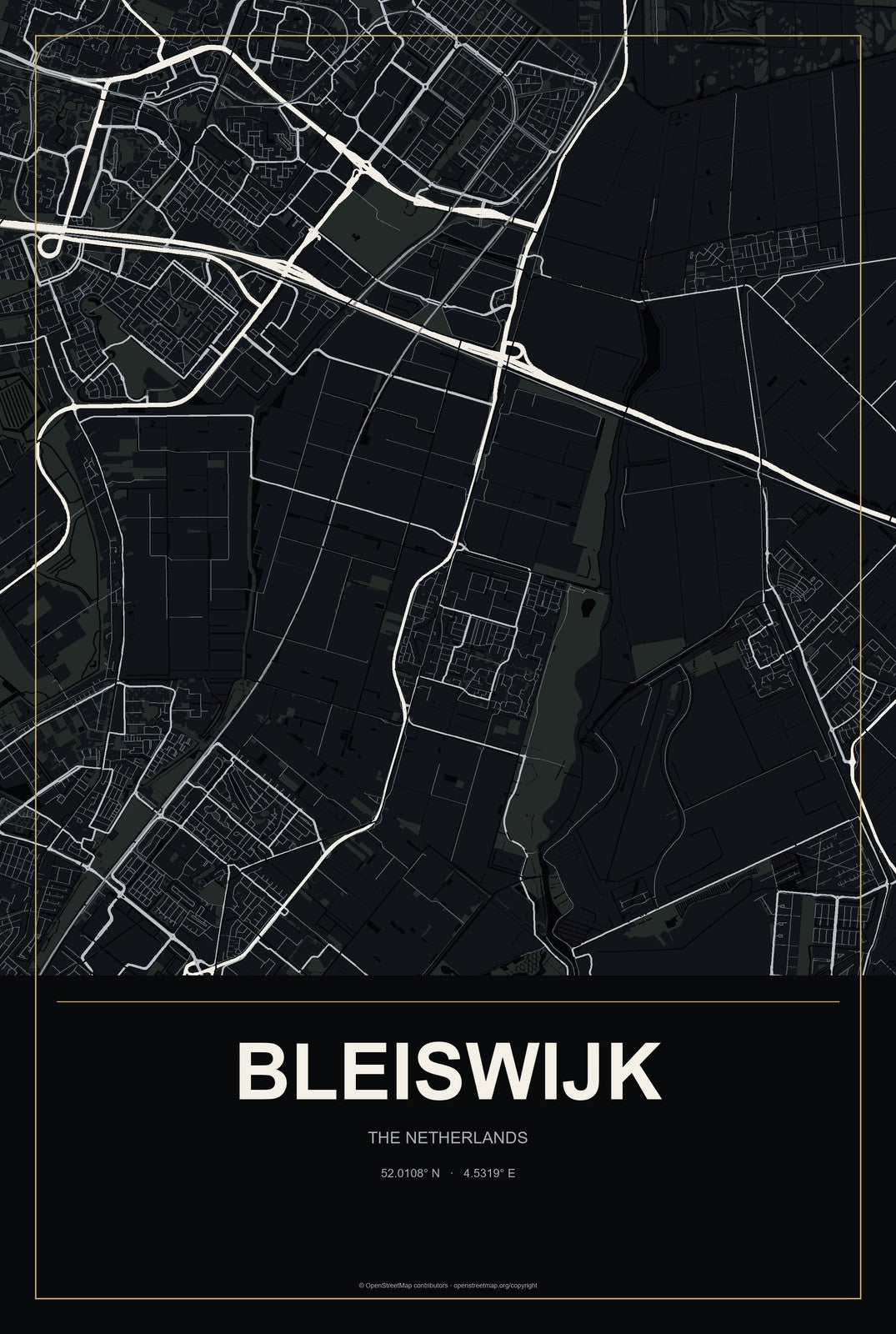 Bleiswijk, The Netherlands City Map Aluminum Sign in Metropolitan Noir style