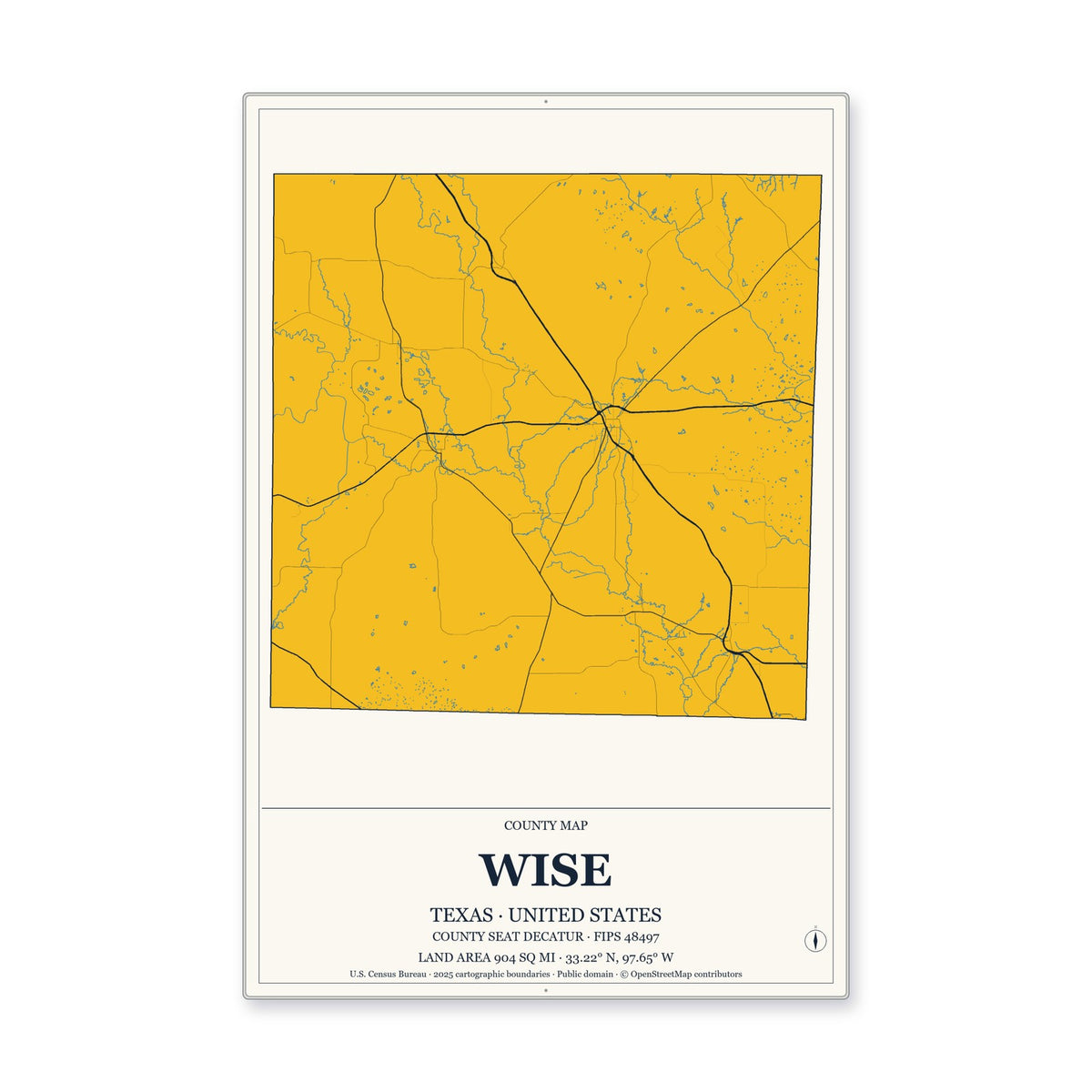 Wise County, Texas Map Aluminum Sign in Citrine Modern style