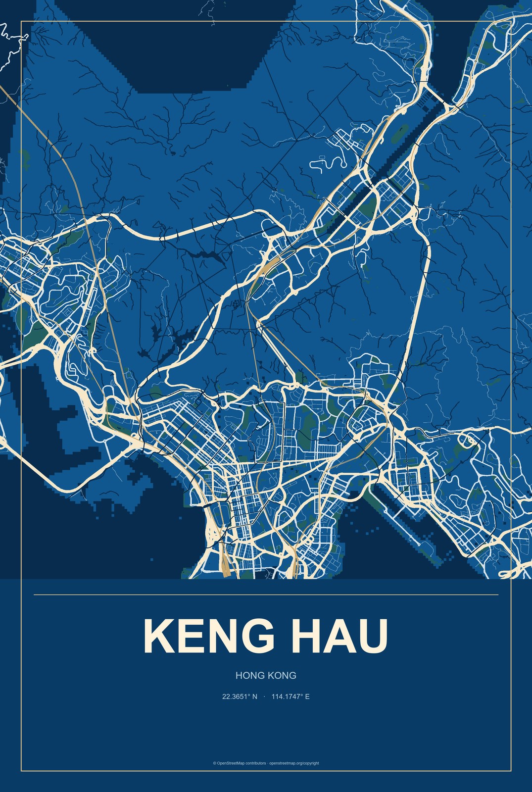 Keng Hau, Hong Kong City Map Aluminum Sign in Harbor Cobalt style