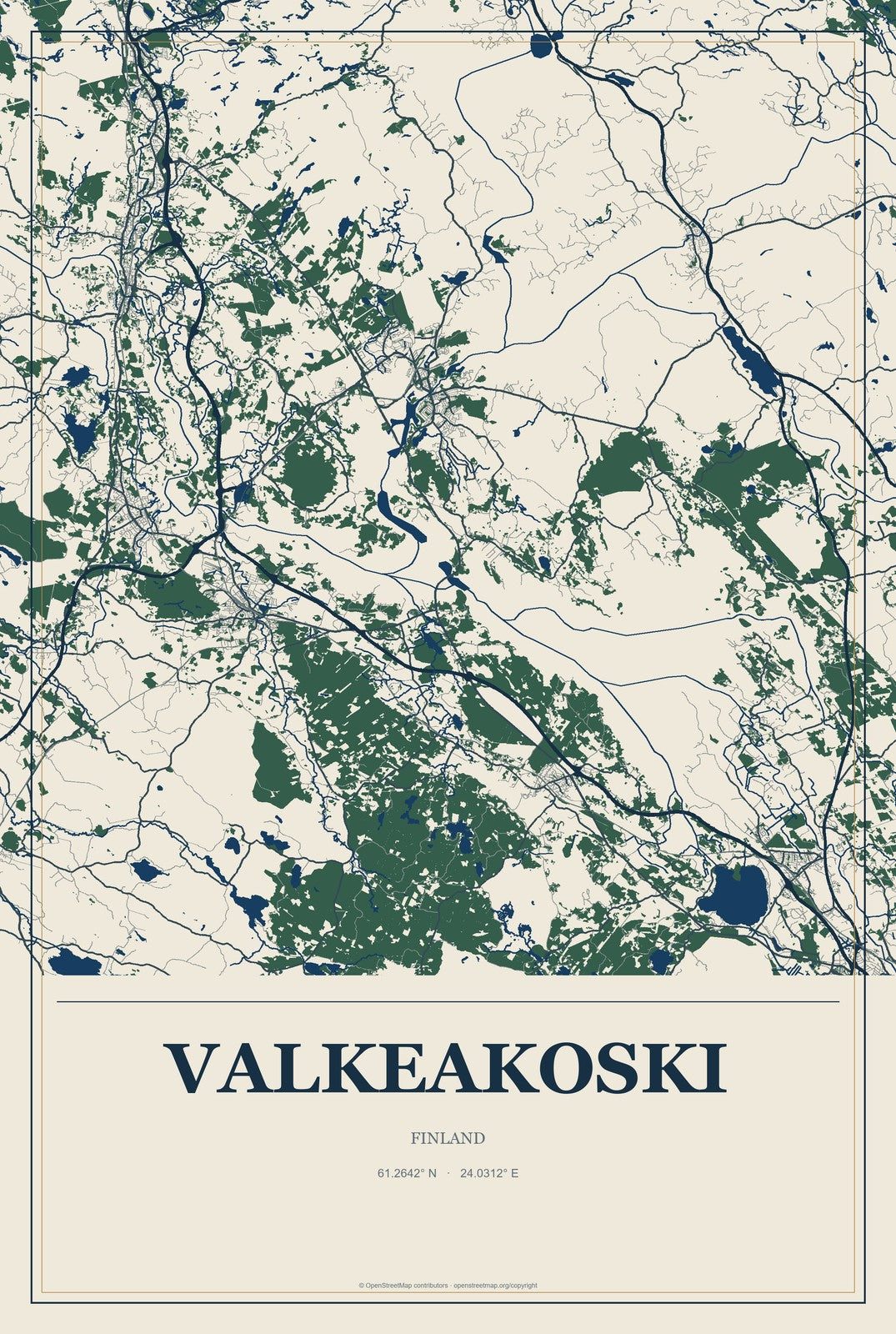 Valkeakoski, Finland City Map Aluminum Sign in Coastal Cutout style