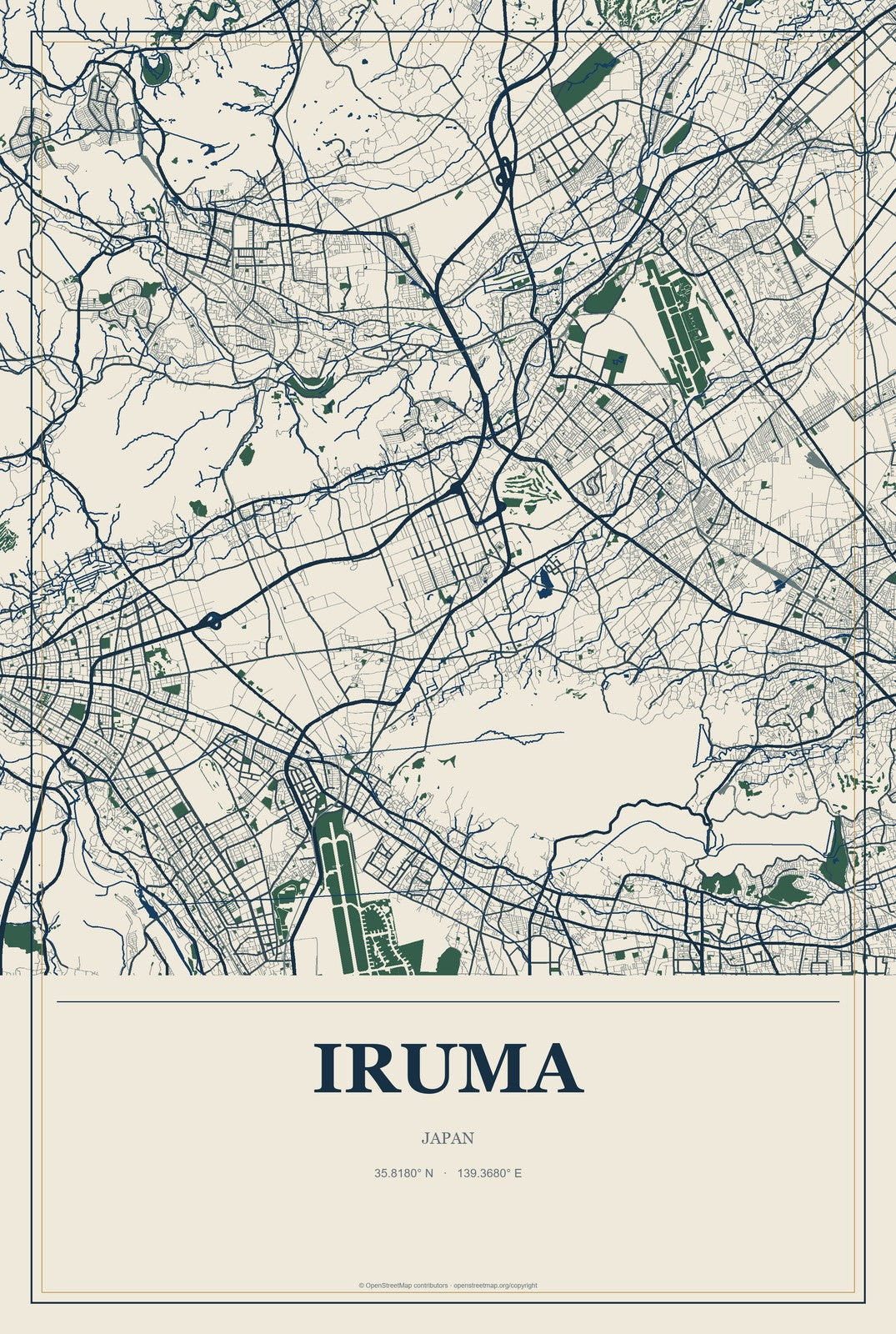 Iruma, Japan City Map Aluminum Sign in Coastal Cutout style