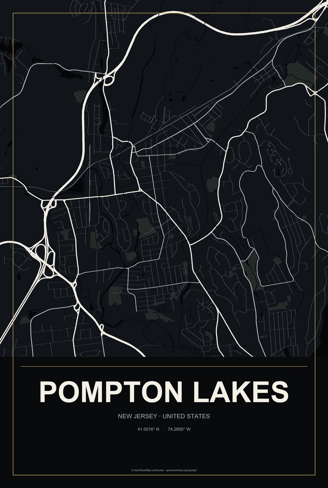 Pompton Lakes, New Jersey City Map Aluminum Sign in Metropolitan Noir style