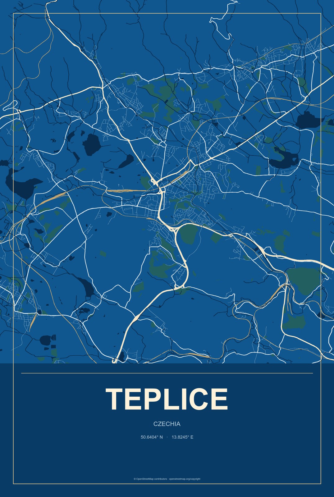 Teplice, Czechia City Map Aluminum Sign in Harbor Cobalt style