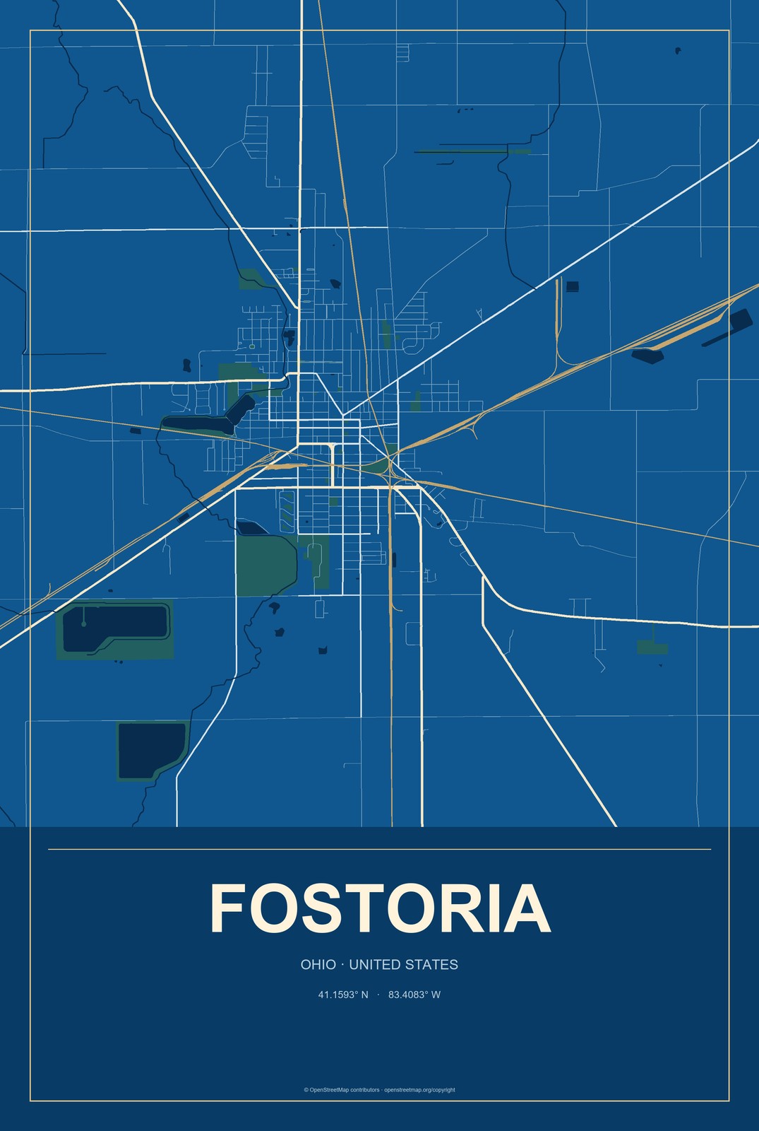 Fostoria, Ohio City Map Aluminum Sign in Harbor Cobalt style