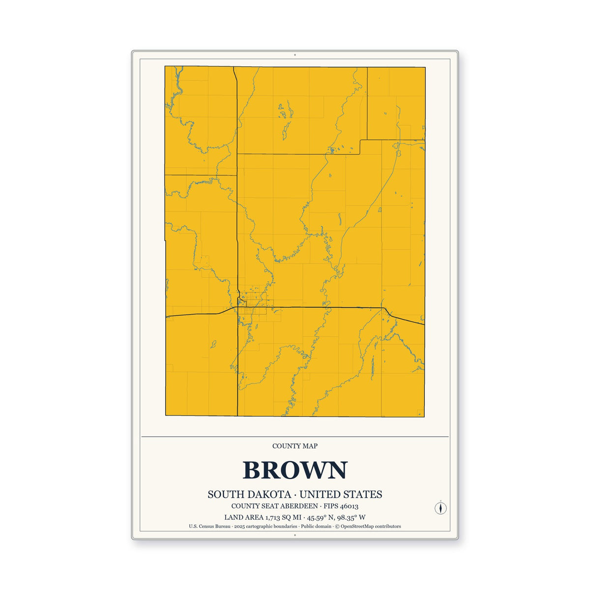 Brown County, South Dakota Map Aluminum Sign in Citrine Modern style