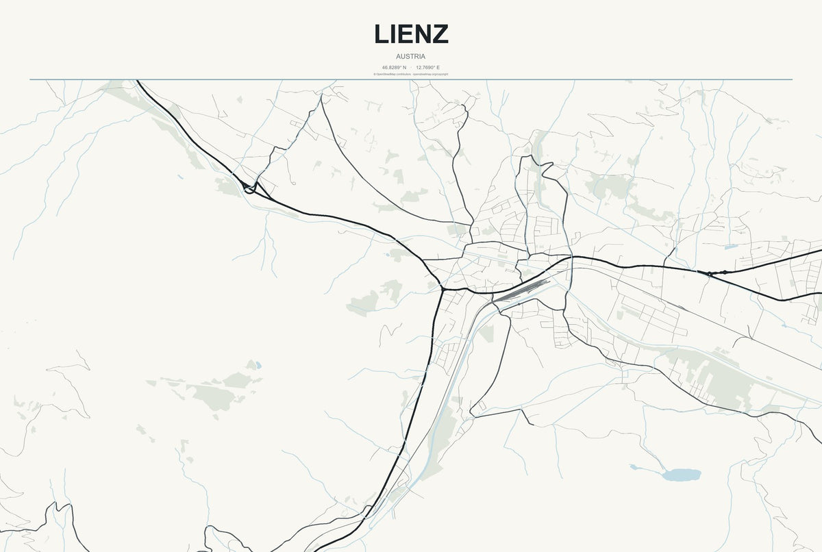 Lienz, Austria City Map Aluminum Sign in Headline Atlas style
