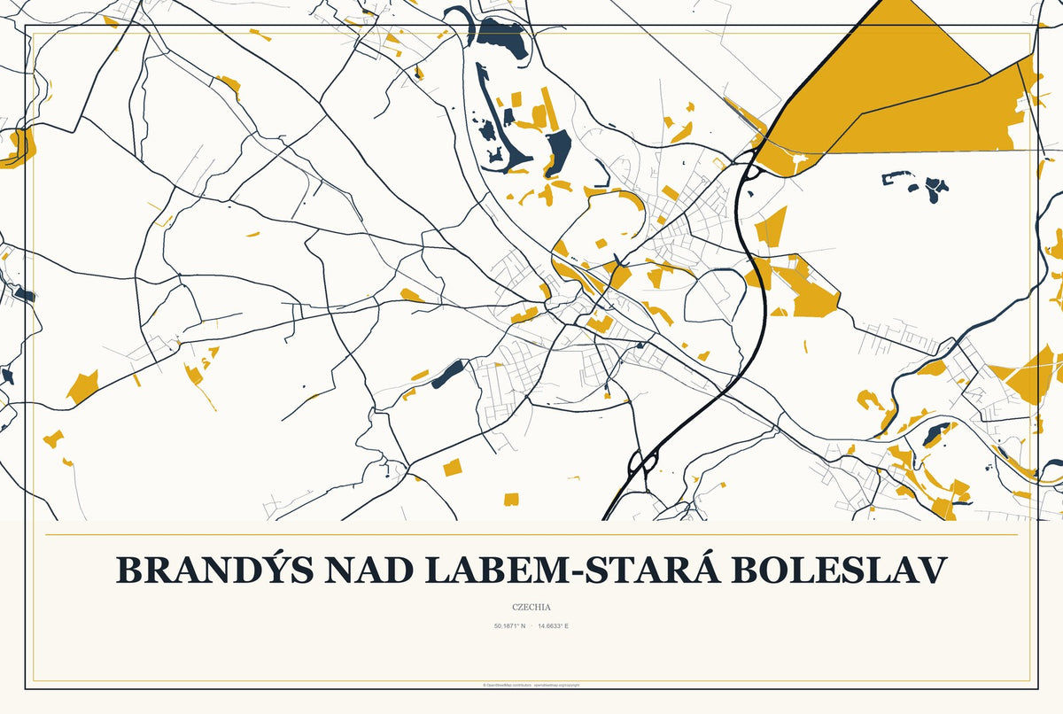 Brandýs nad Labem-Stará Boleslav, Czechia City Map Aluminum Sign in Citrine Modern style