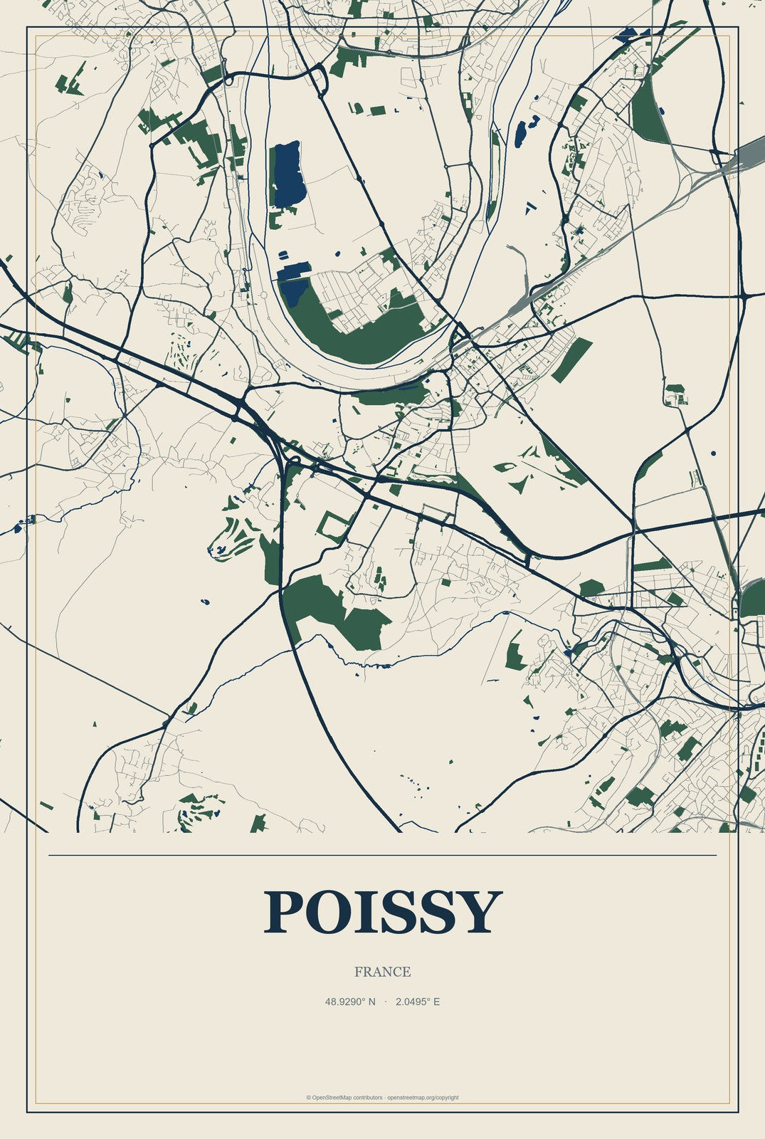 Poissy, France City Map Aluminum Sign in Coastal Cutout style