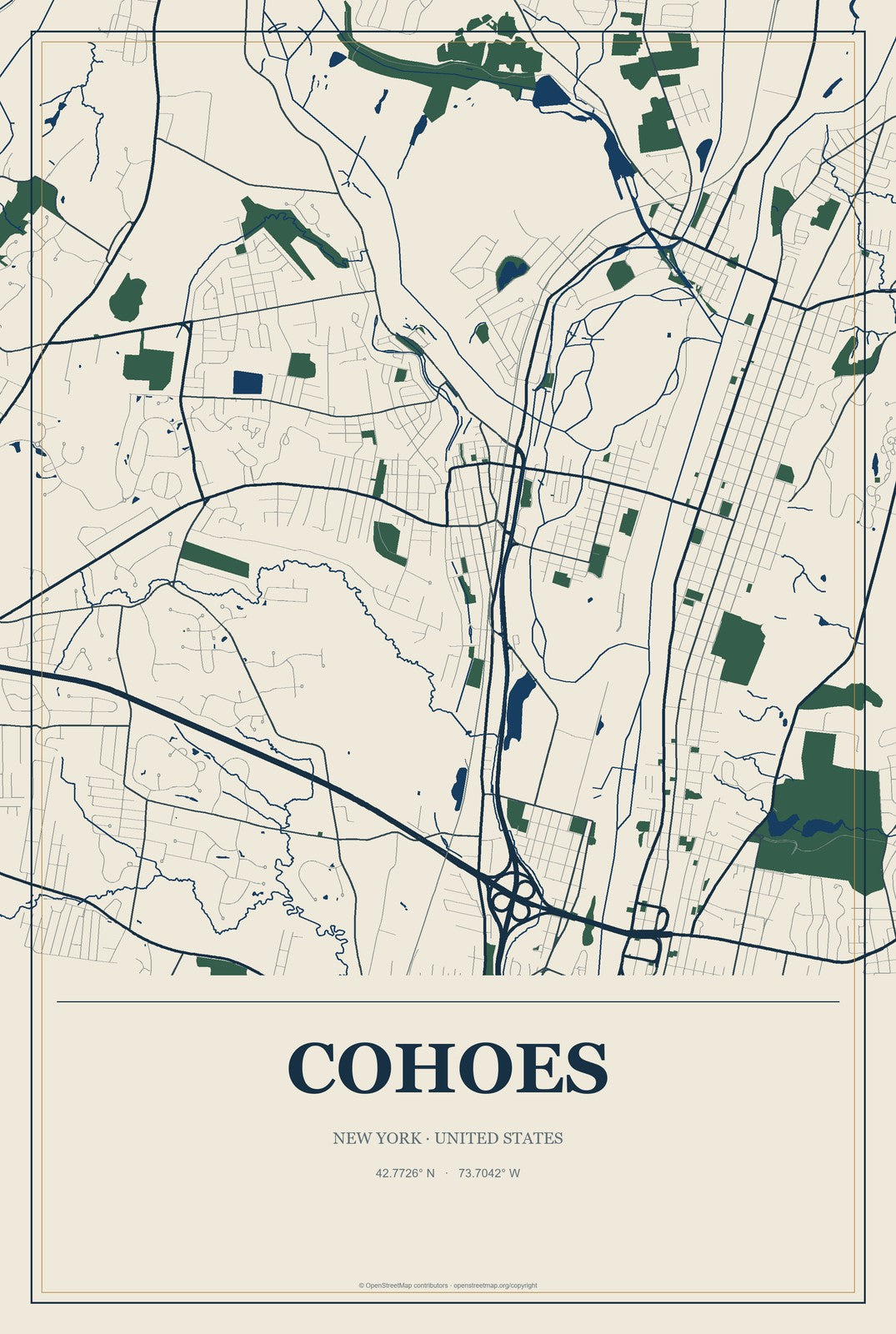 Cohoes, New York City Map Aluminum Sign in Coastal Cutout style