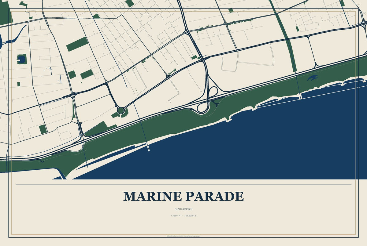 Marine Parade, Singapore City Map Aluminum Sign in Coastal Cutout style