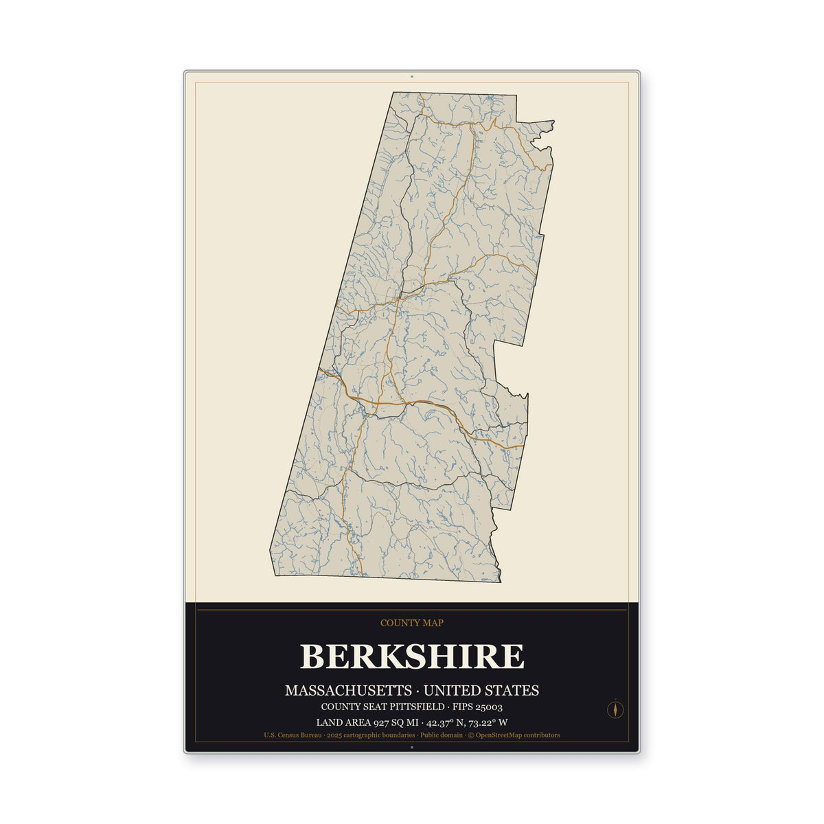 Berkshire County, Massachusetts Map Aluminum Sign in Museum Plaque style