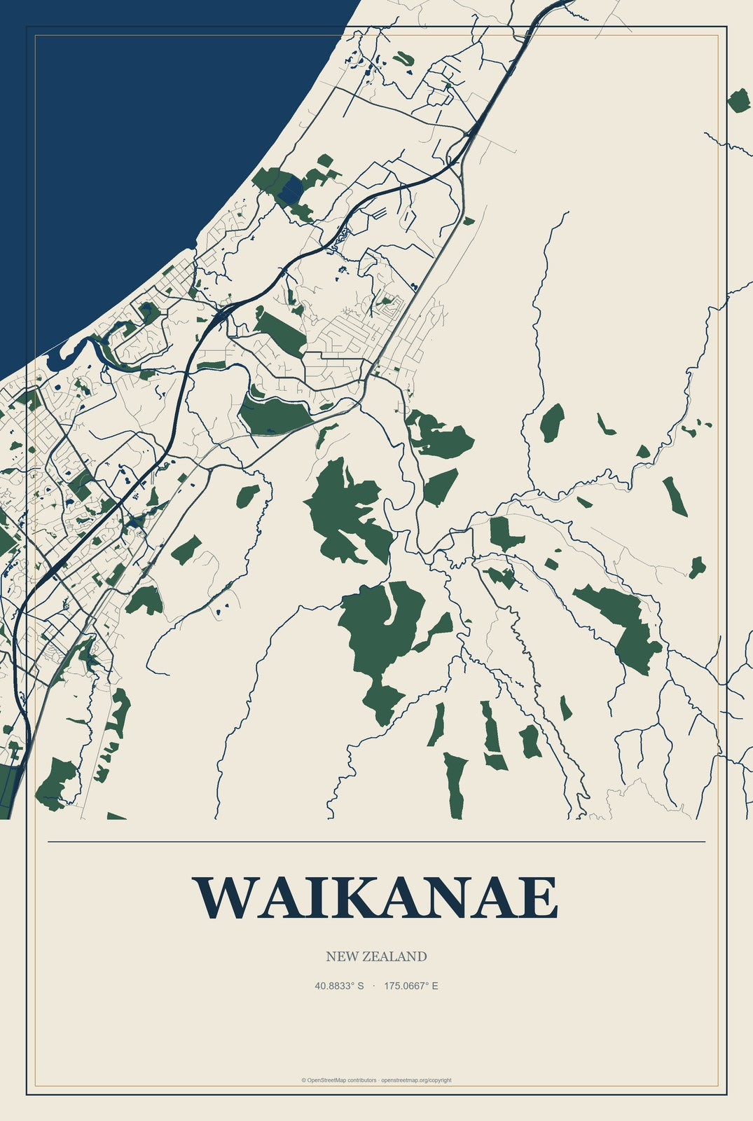 Waikanae, New Zealand City Map Aluminum Sign in Coastal Cutout style
