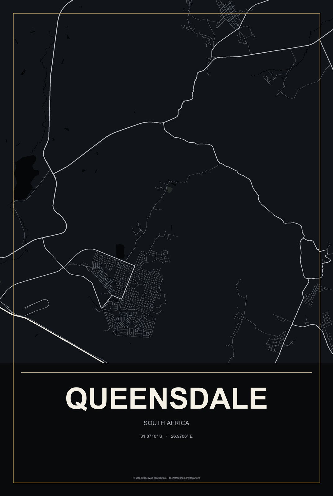 Queensdale, South Africa City Map Aluminum Sign in Metropolitan Noir style