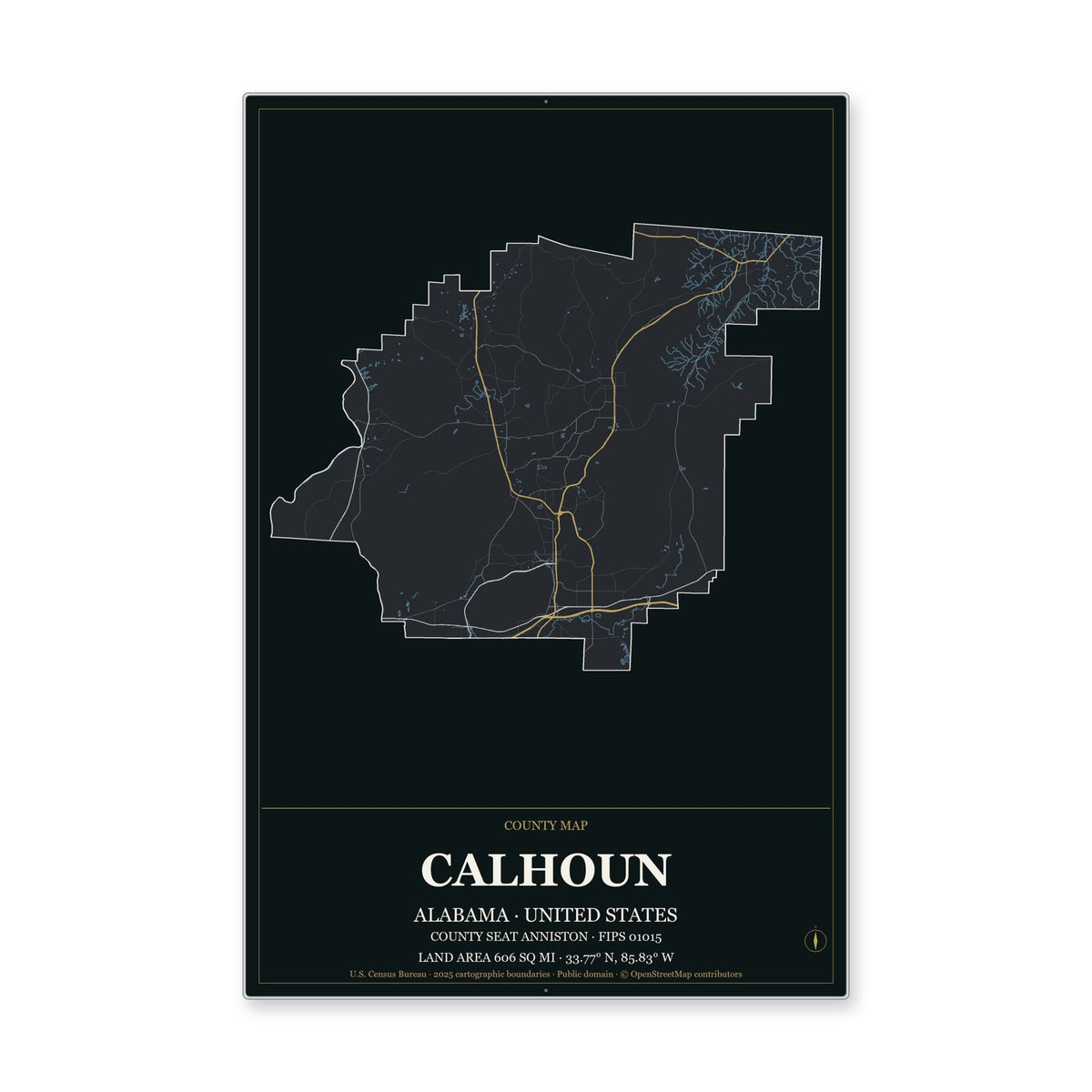 Calhoun County, Alabama Map Aluminum Sign in Metropolitan Noir style