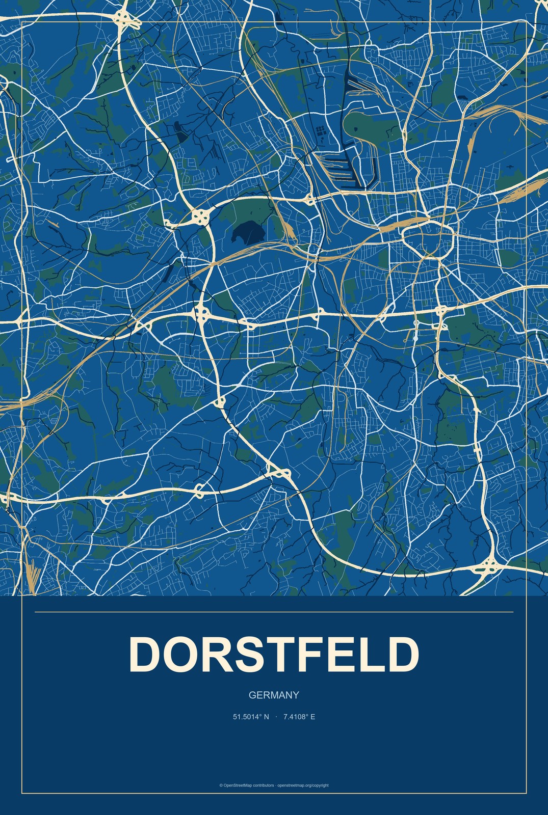 Dorstfeld, Germany City Map Aluminum Sign in Harbor Cobalt style