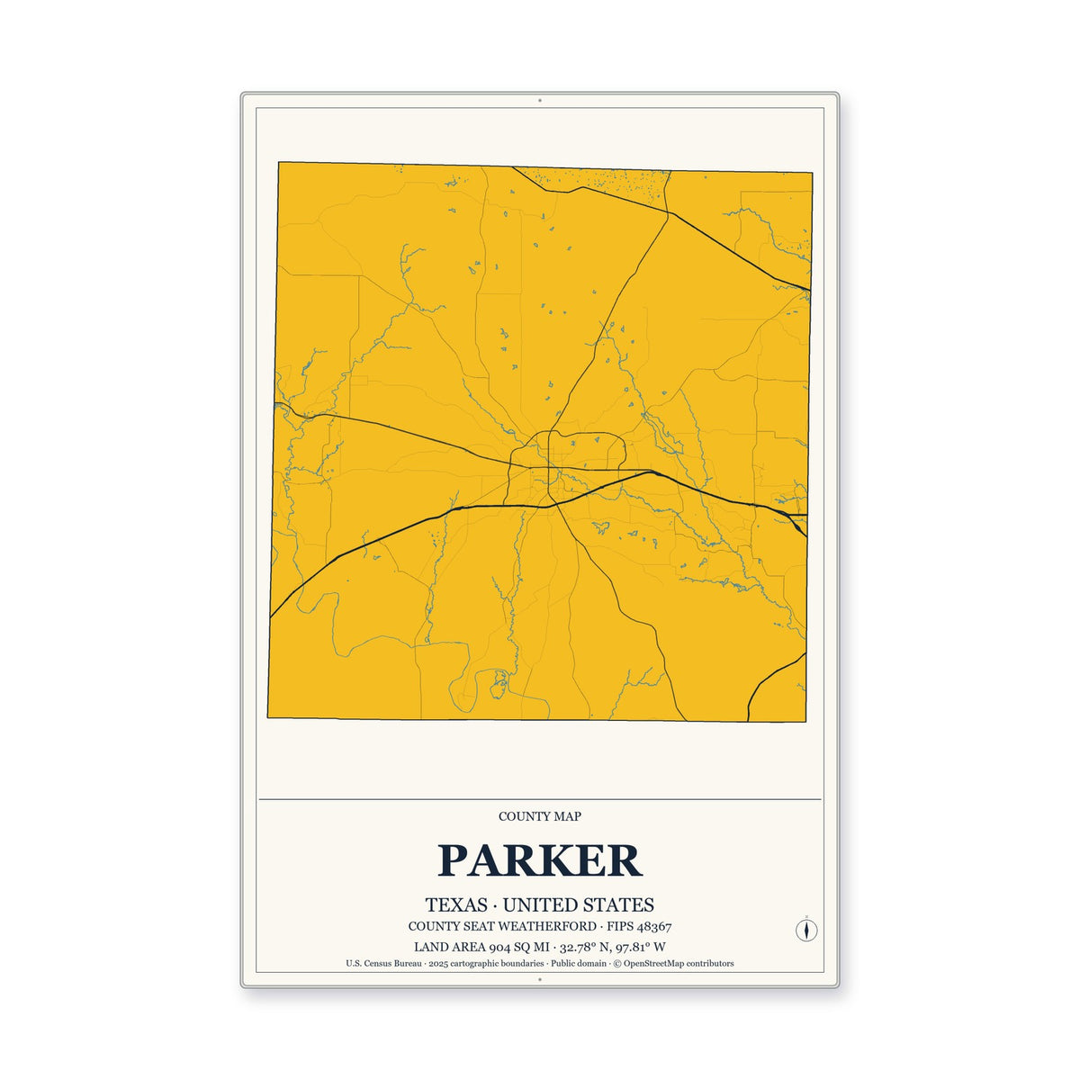 Parker County, Texas Map Aluminum Sign in Citrine Modern style