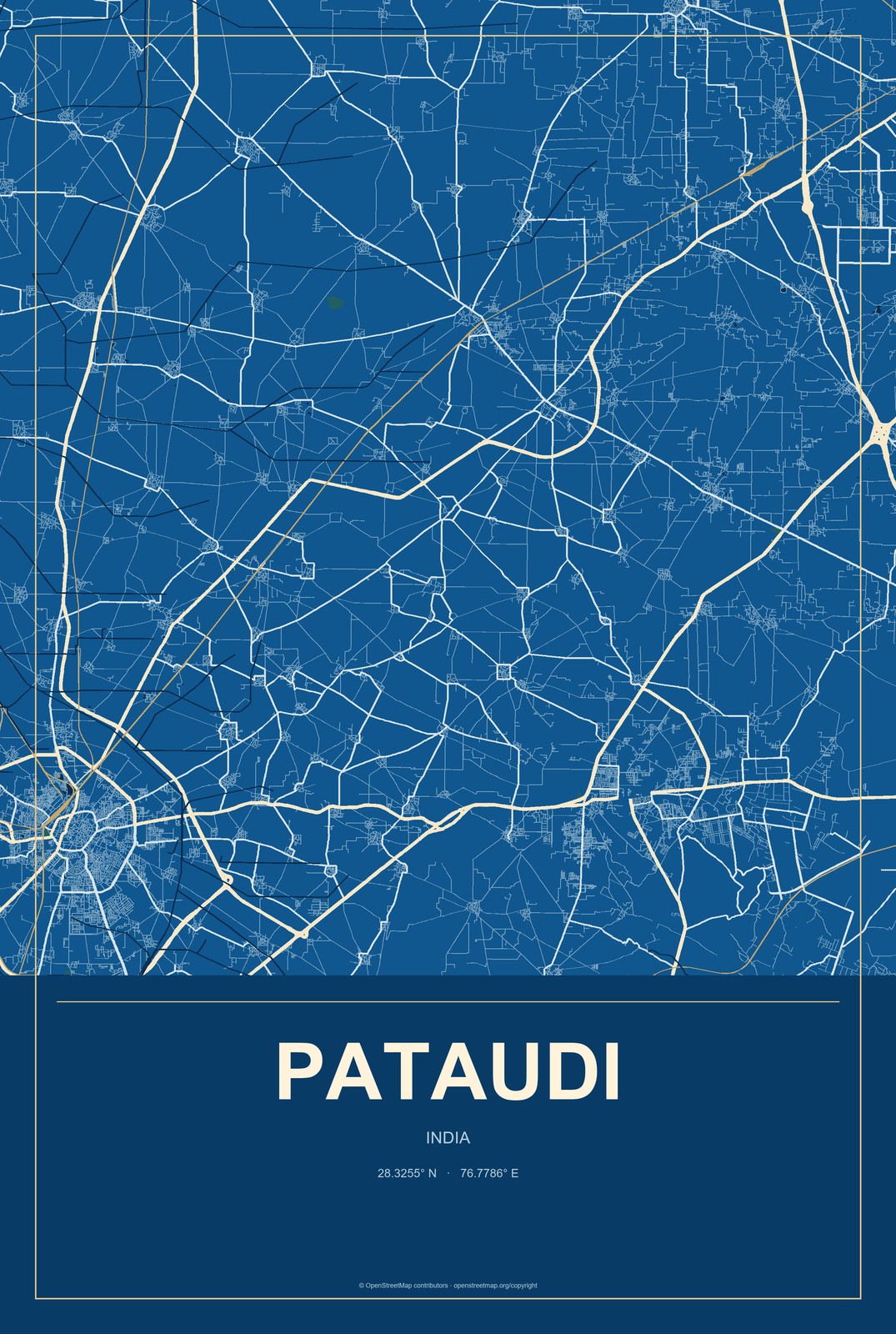 Pataudi, India City Map Aluminum Sign in Harbor Cobalt style