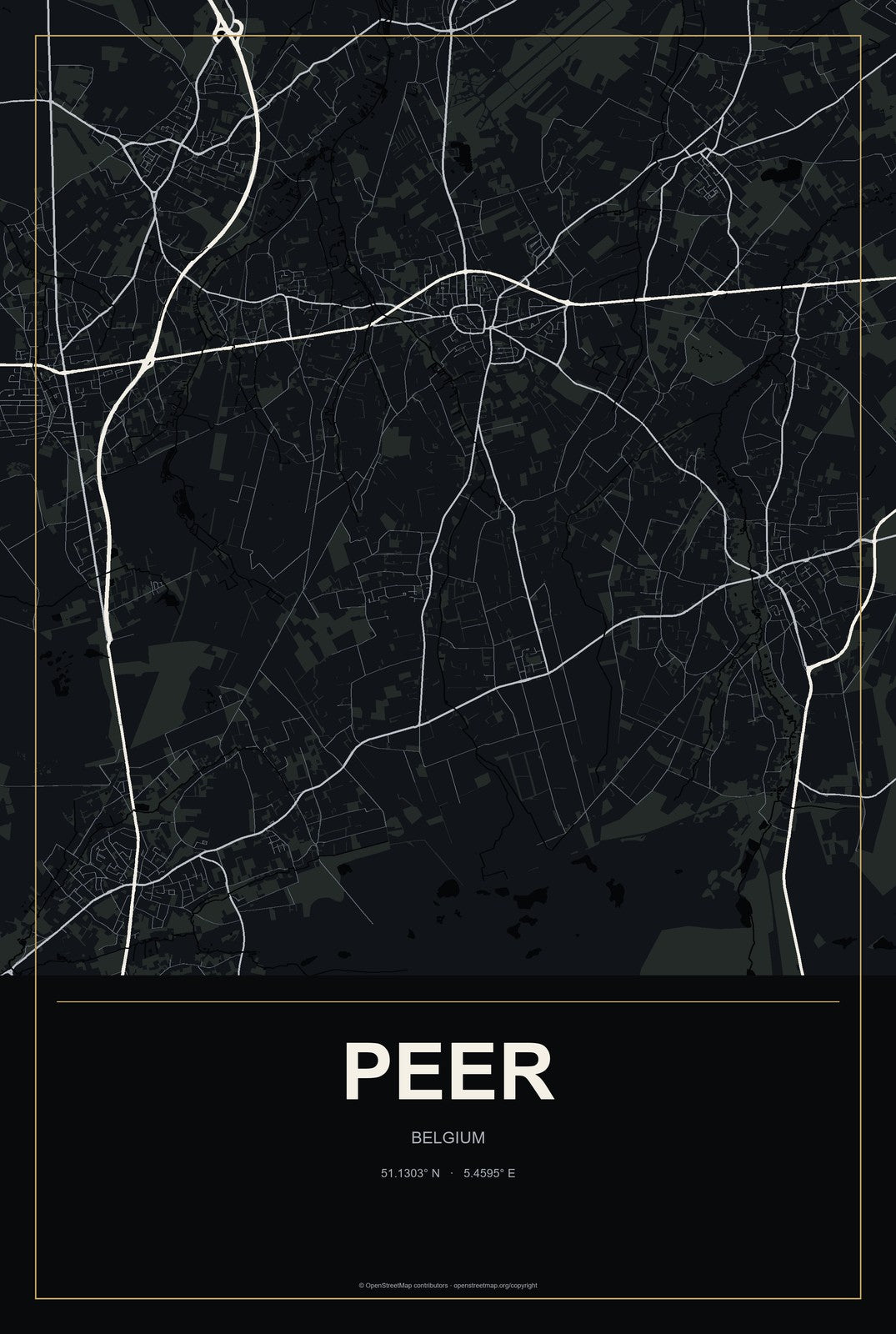 Peer, Belgium City Map Aluminum Sign in Metropolitan Noir style