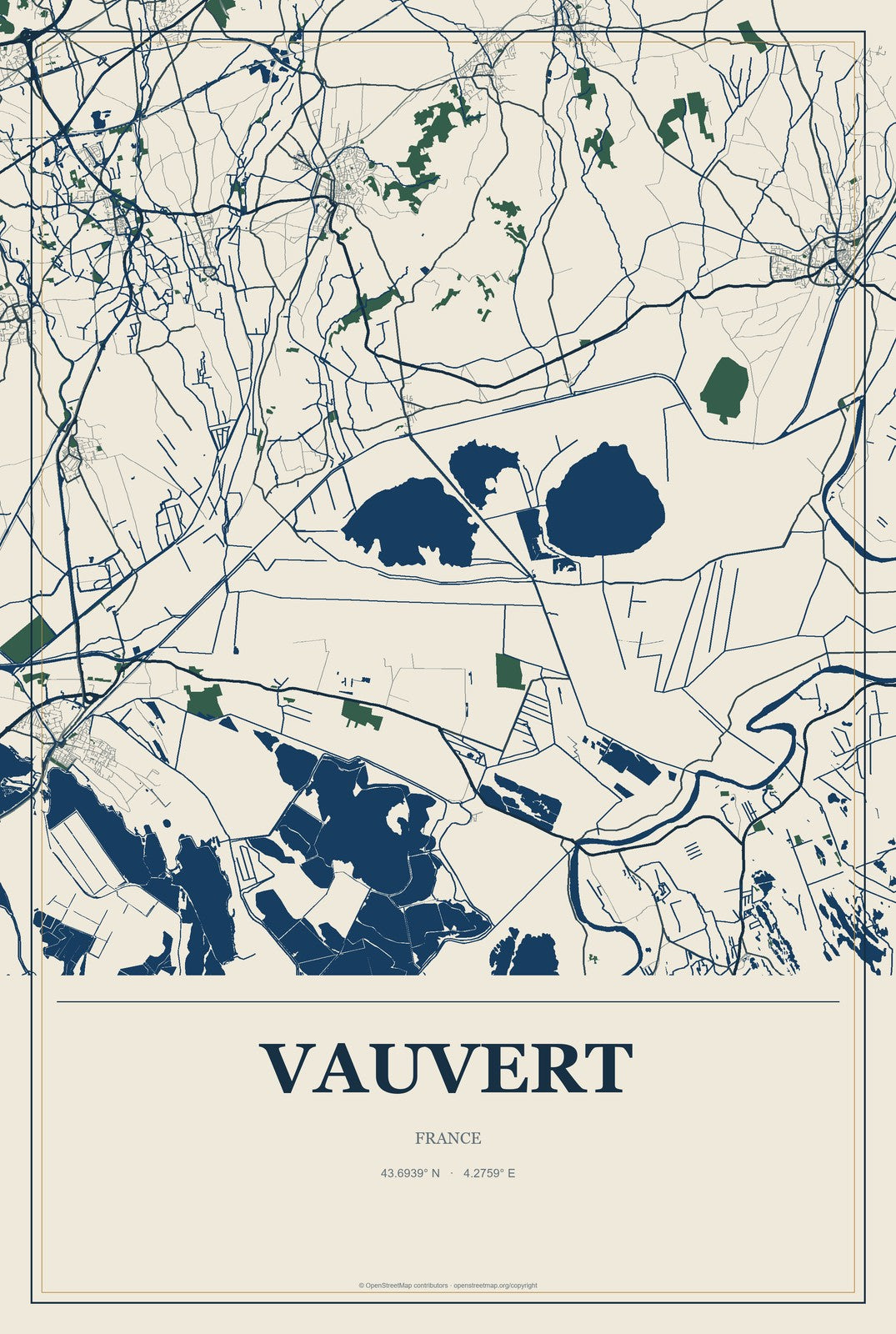 Vauvert, France City Map Aluminum Sign in Coastal Cutout style