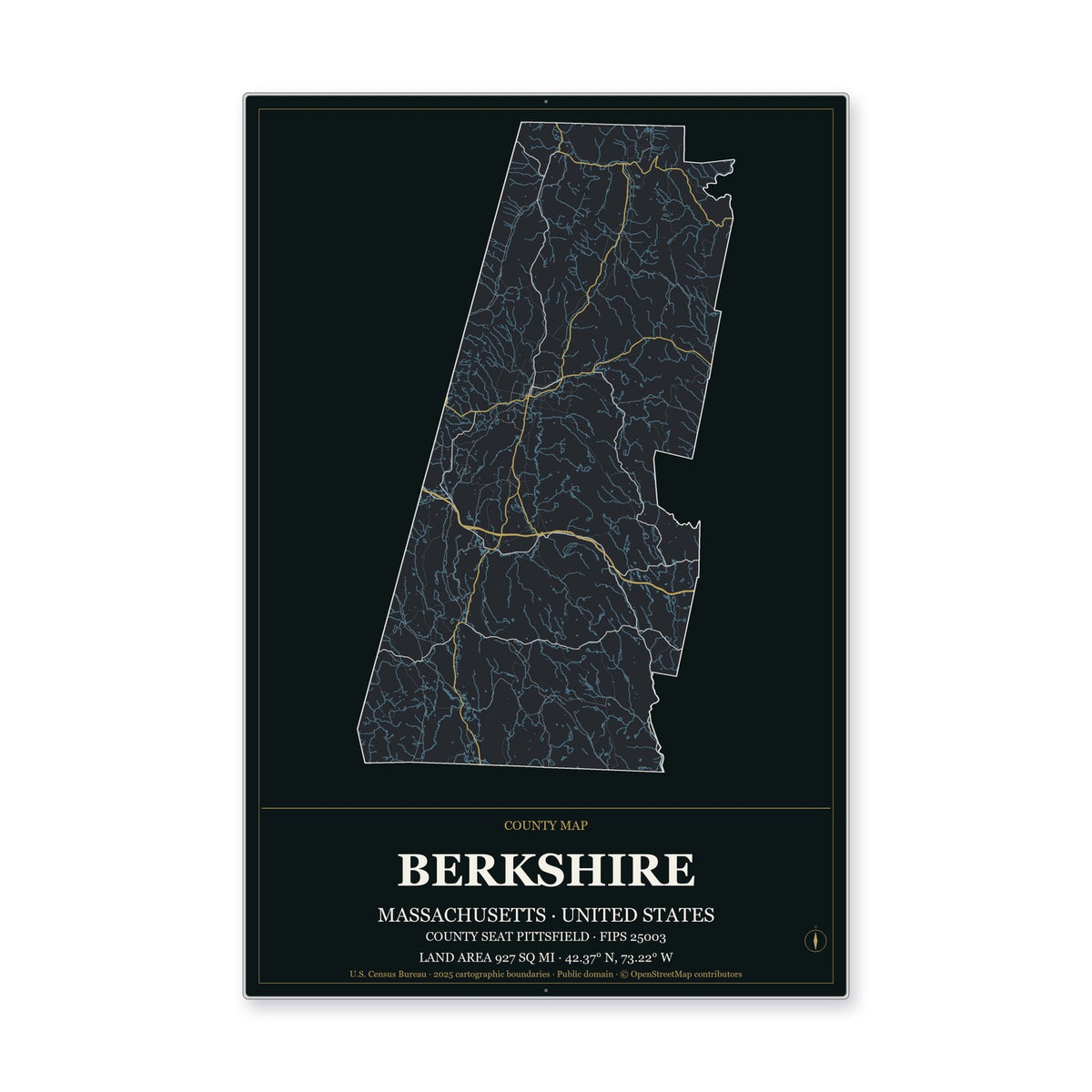 Berkshire County, Massachusetts Map Aluminum Sign in Metropolitan Noir style
