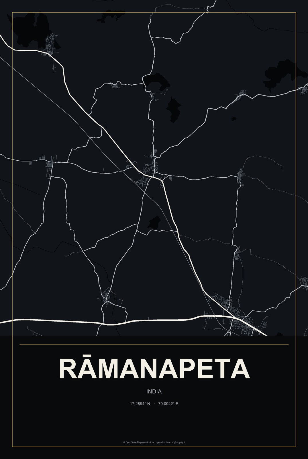Rāmanapeta, India City Map Aluminum Sign in Metropolitan Noir style